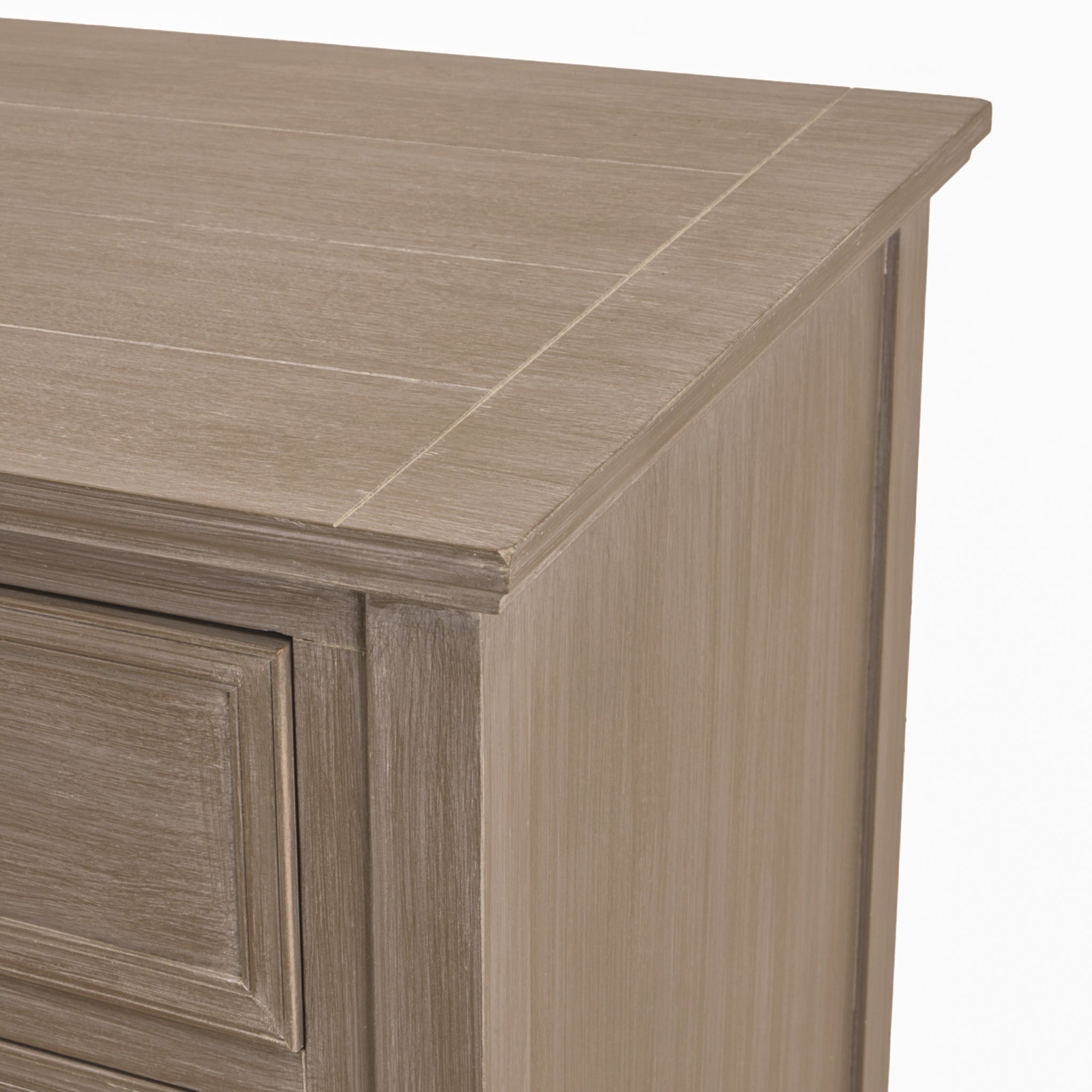 Close-up of the Camille grey wooden chest of drawers showcasing the painted wooden tabletop, framed drawer detailing, premium craftsmanship and elegant grey wood finish, highlighting the quality construction of this luxury bedroom storage unit.