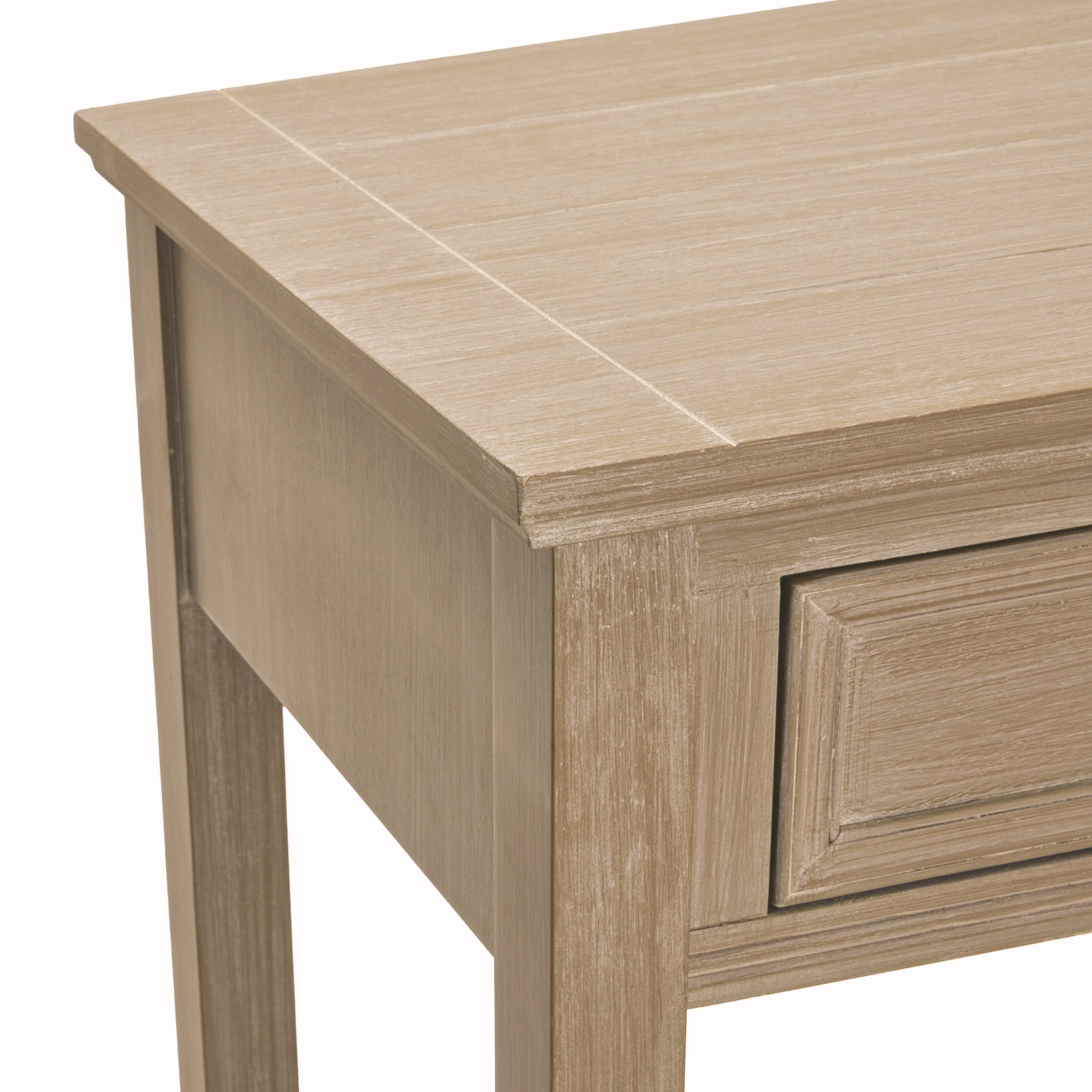 Corner detail of the Camille grey wooden console table featuring the painted wooden tabletop, framed drawer front, square leg construction and durable craftsmanship for luxury hallway furniture.