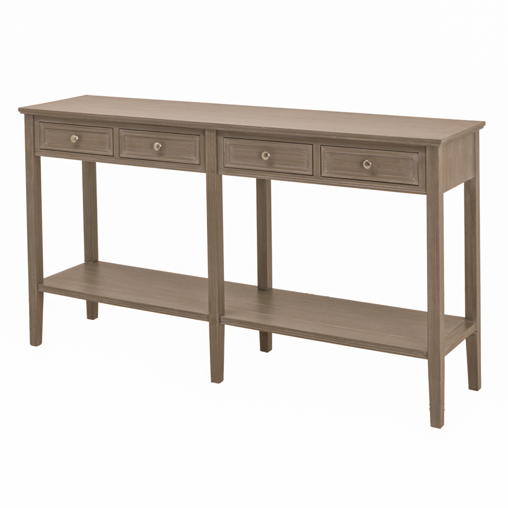 Angled view of the Camille grey wooden console table with four drawers and lower shelf, showcasing the long rectangular tabletop, painted grey wood finish, spacious storage and elegant console table design for hallways, entrances and living rooms.