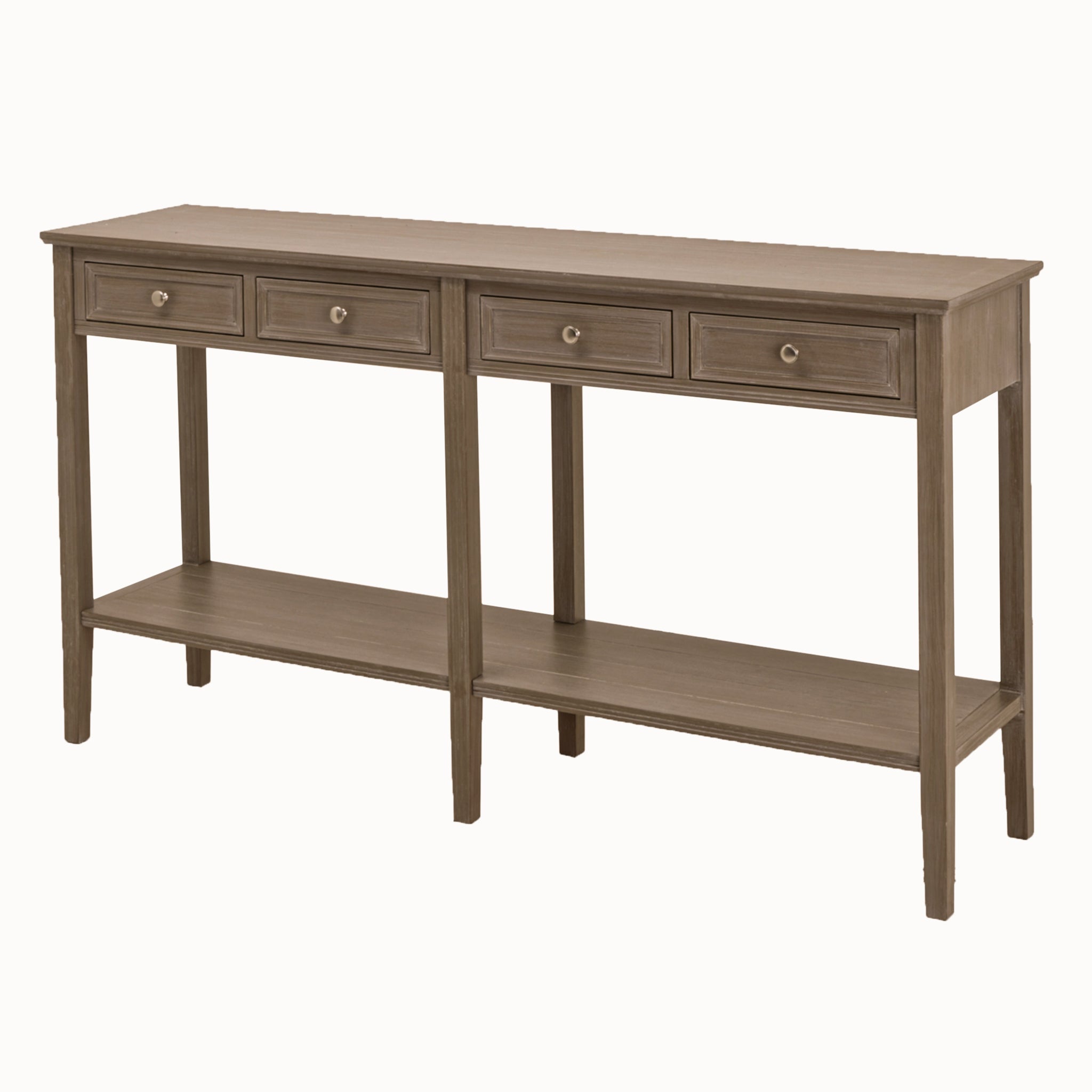 Camille grey wooden console table with four drawers and lower display shelf in a full front angle view, featuring a painted wood finish, spacious storage drawers and open shelving, ideal as a hallway console table, living room console table or entryway storage table.