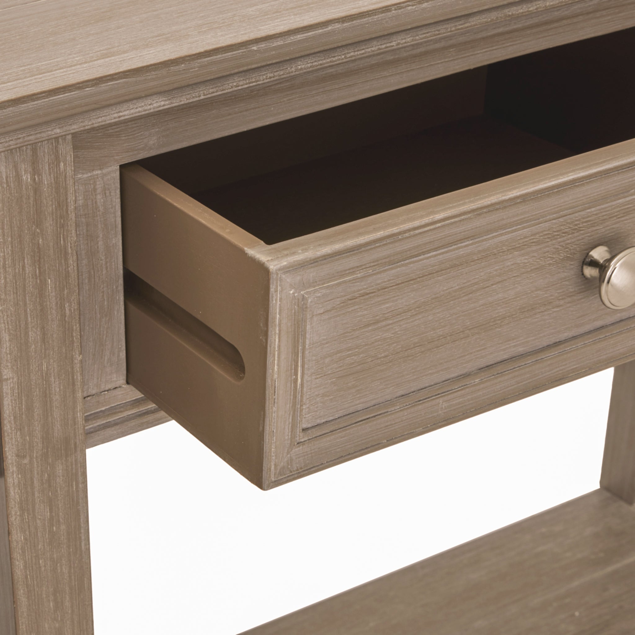 Close-up of the Camille grey wooden console table with a drawer fully extended, displaying generous storage space, painted wooden construction and practical four-drawer organisation for hallway and living room furniture.