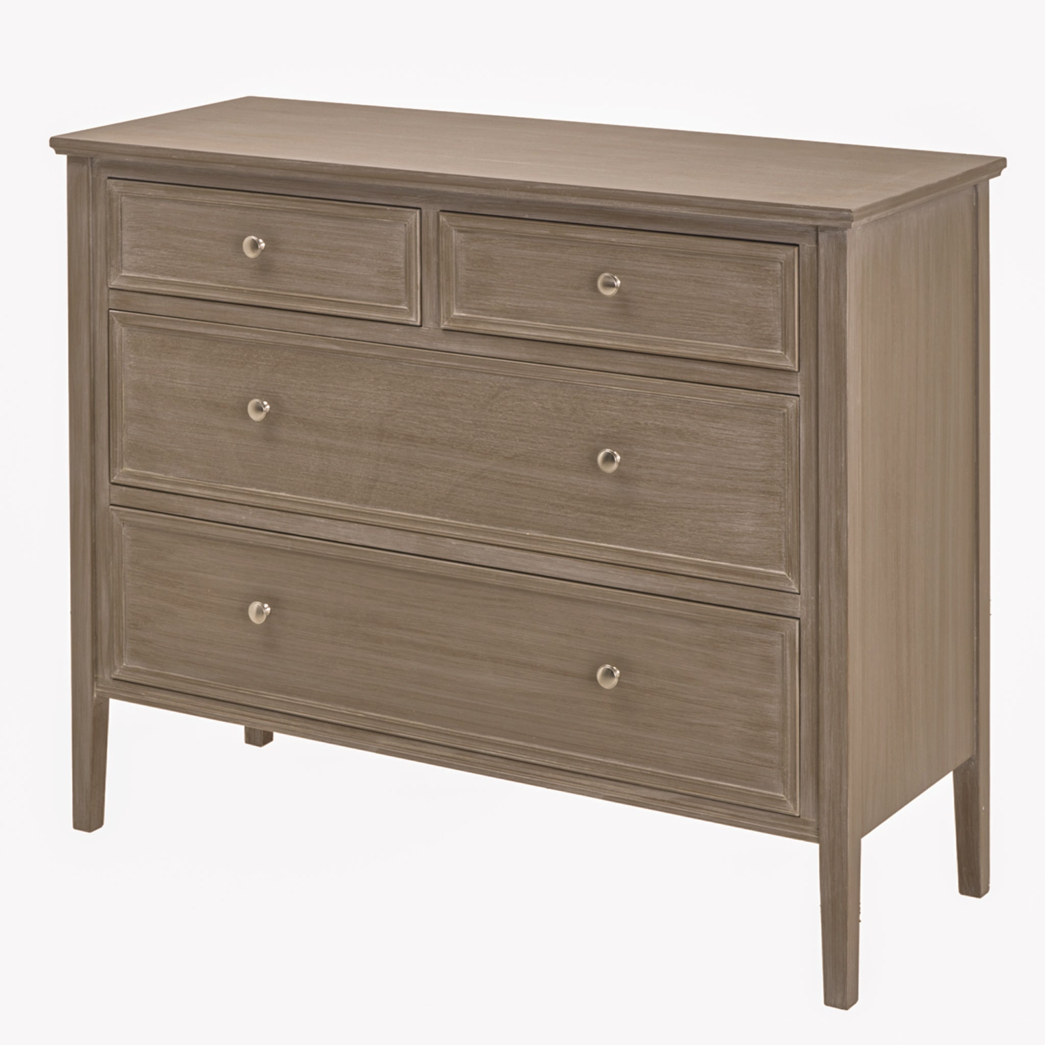 Angled view of the Camille grey wooden chest of drawers with two over two drawer configuration, painted wood finish, four generous storage drawers and brushed metal knobs, designed as a timeless bedroom chest for organised storage.