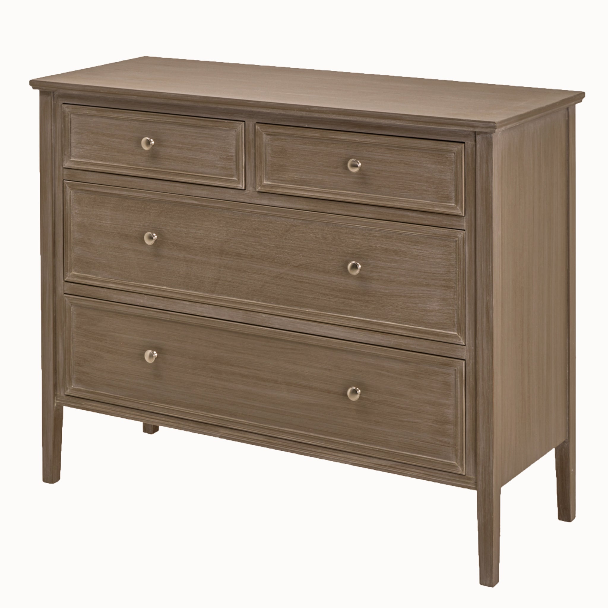 Camille grey wooden chest of drawers with two over two drawer configuration, featuring four spacious storage drawers, painted wood finish, brushed metal knobs and timeless bedroom furniture design, ideal for stylish clothes and linen storage.