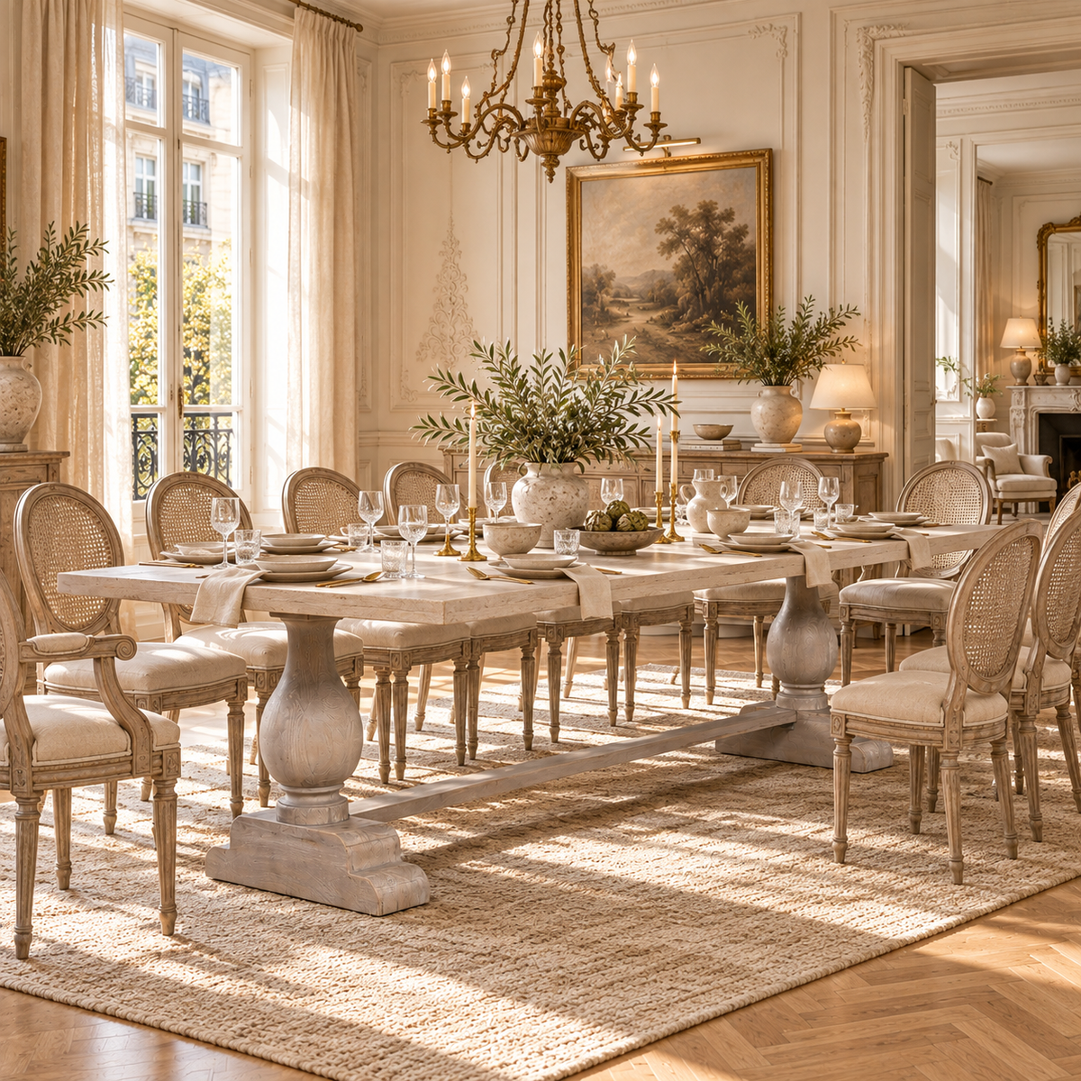 Camille large 260cm mango wood dining table set for 10-12 with chairs in a Parisian room with chandelier and rug