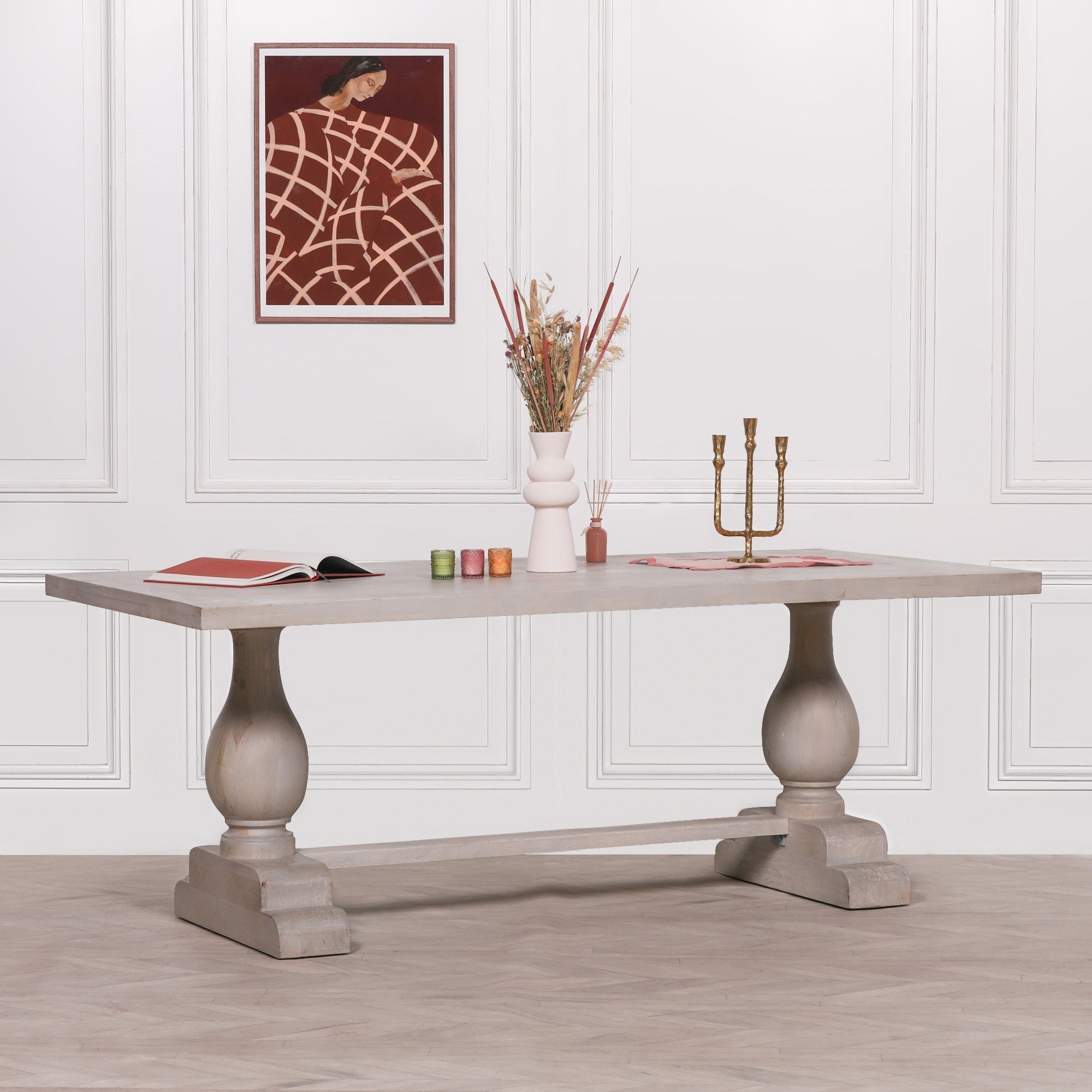 Styled angled view of the Camille Large Rectangular Dining Table 210cm for 8–10 in Bleached Mango Wood displaying the spacious rectangular tabletop, solid wood pedestal legs and timeless farmhouse-inspired design for luxury dining spaces.