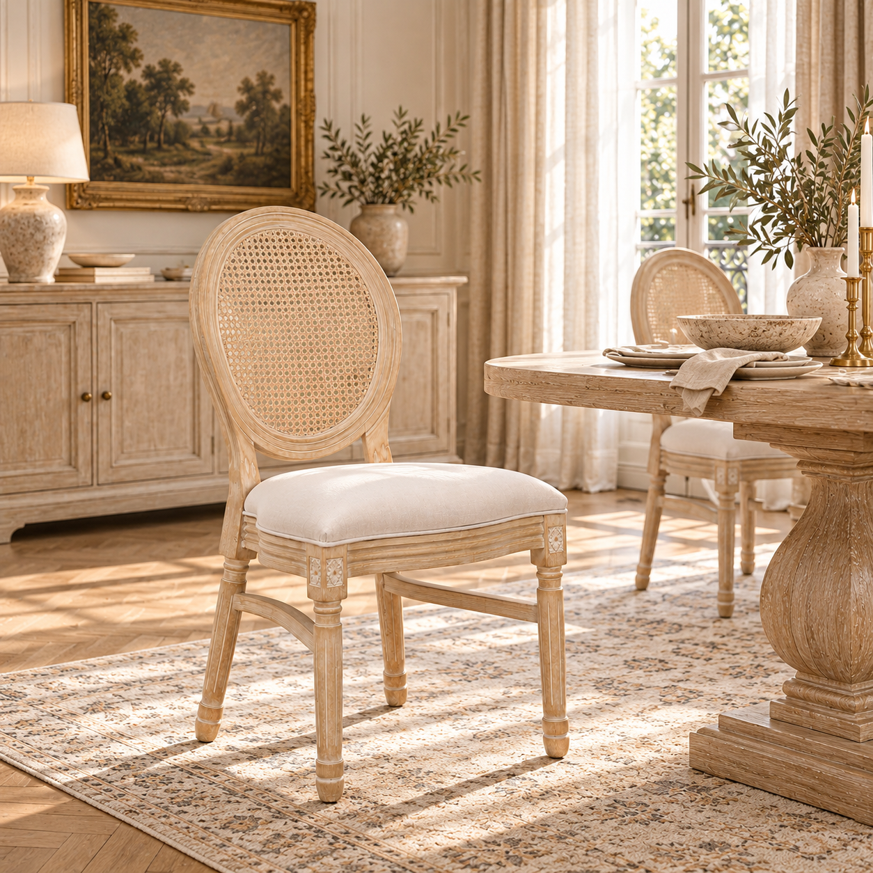 Camille French Louis linen dining chair beside a wood dining table in a bright sunlit neutral dining room.