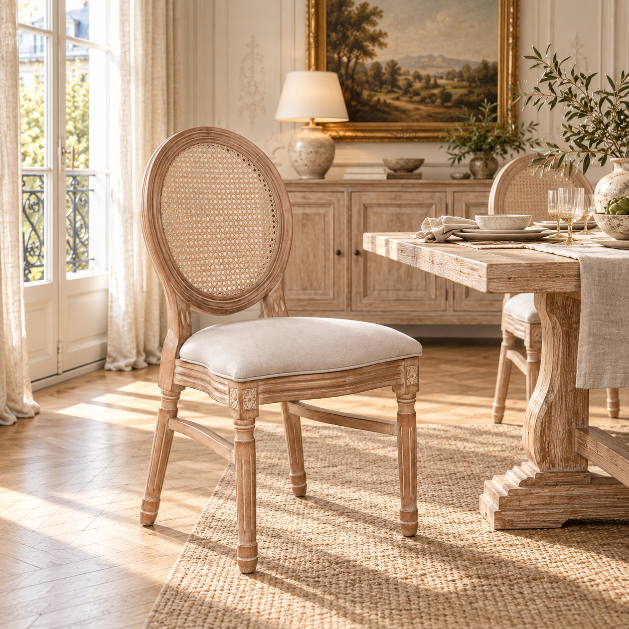 Camille linen upholstered dining chair with carved wood frame in a bright dining room with rug, table and tall windows.