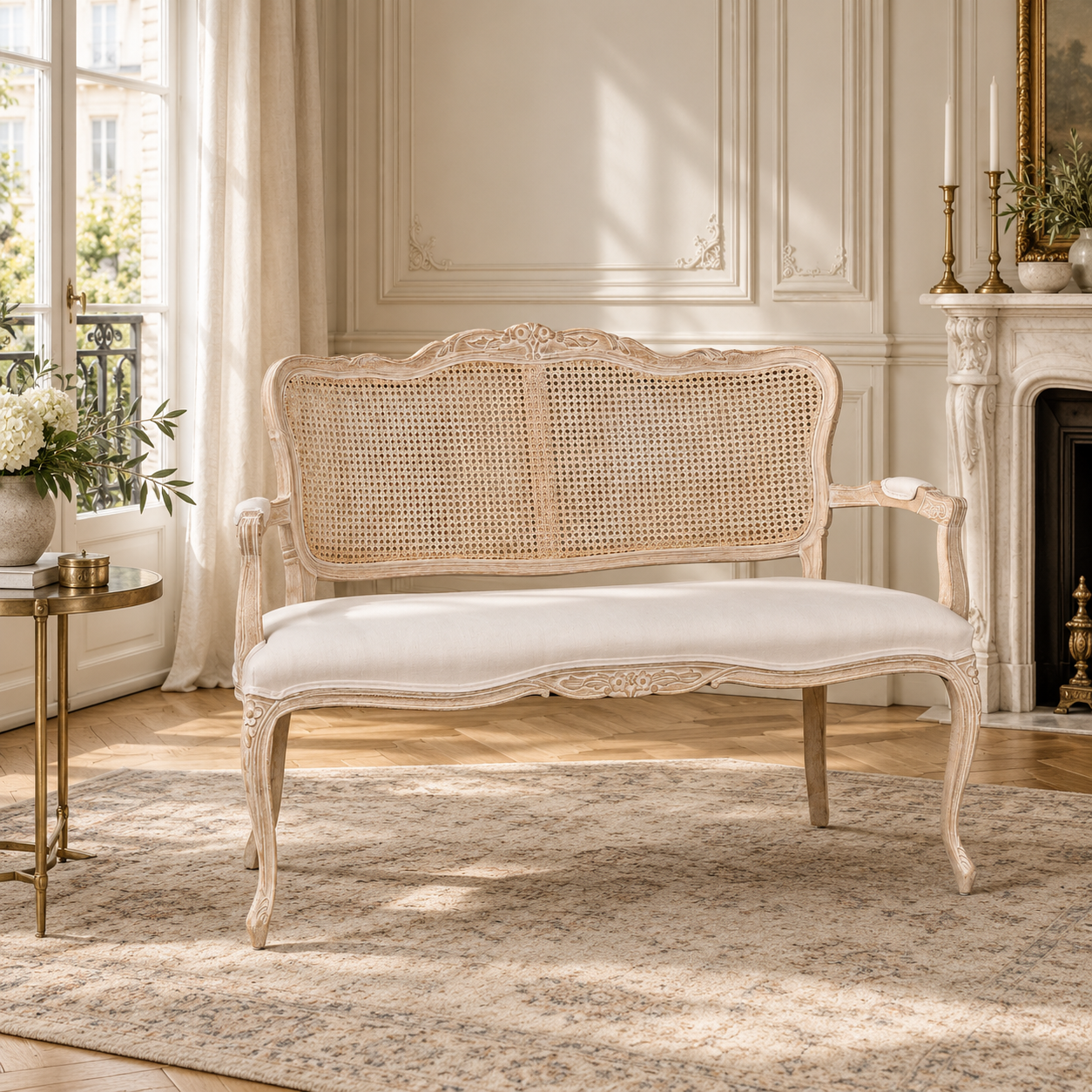 Camille Louis 2 seater settee with cane back and linen seat in a sunlit Parisian room with cream walls and fireplace.