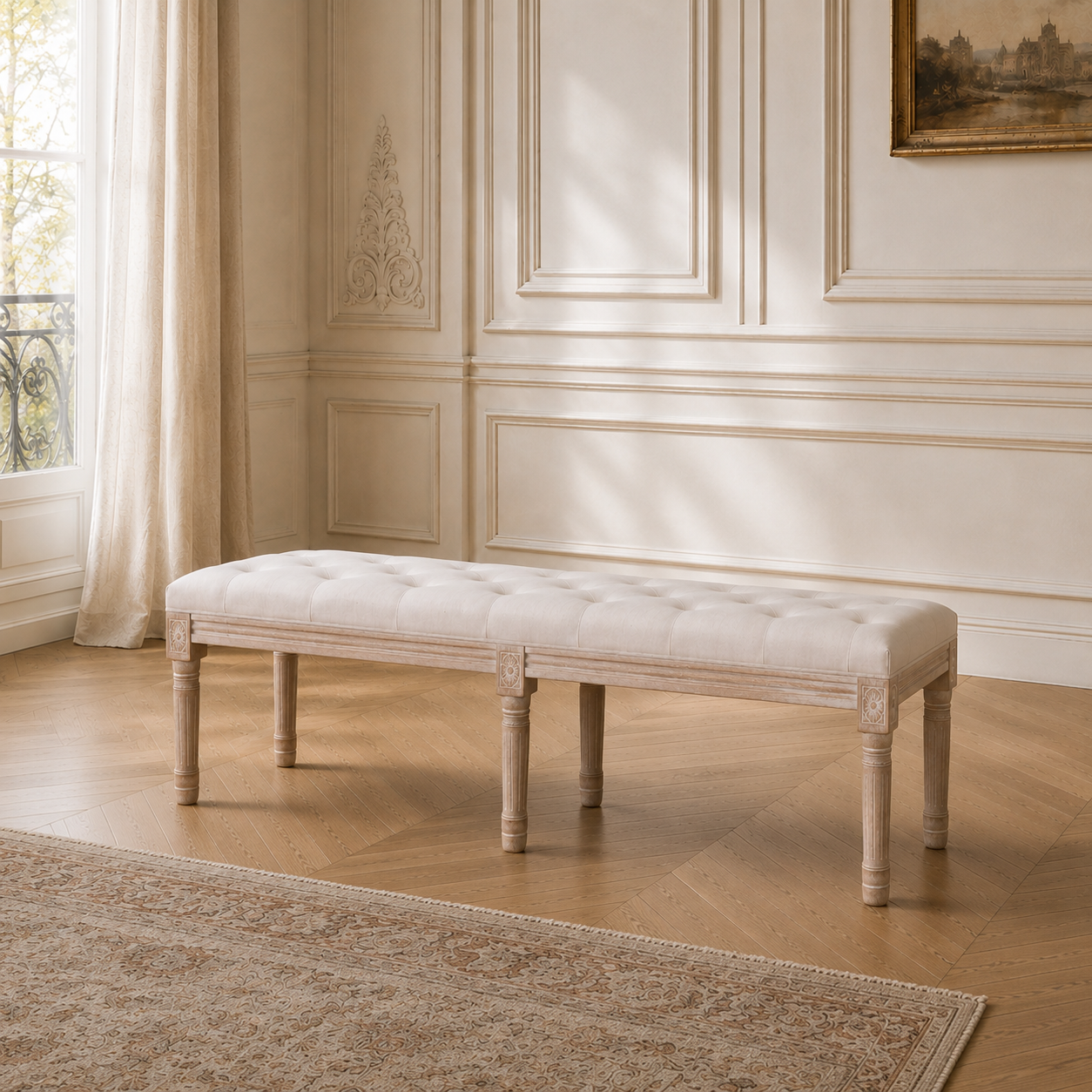 Camille Louis beige button tufted linen bench with washed birch frame in a cream panelled Parisian room