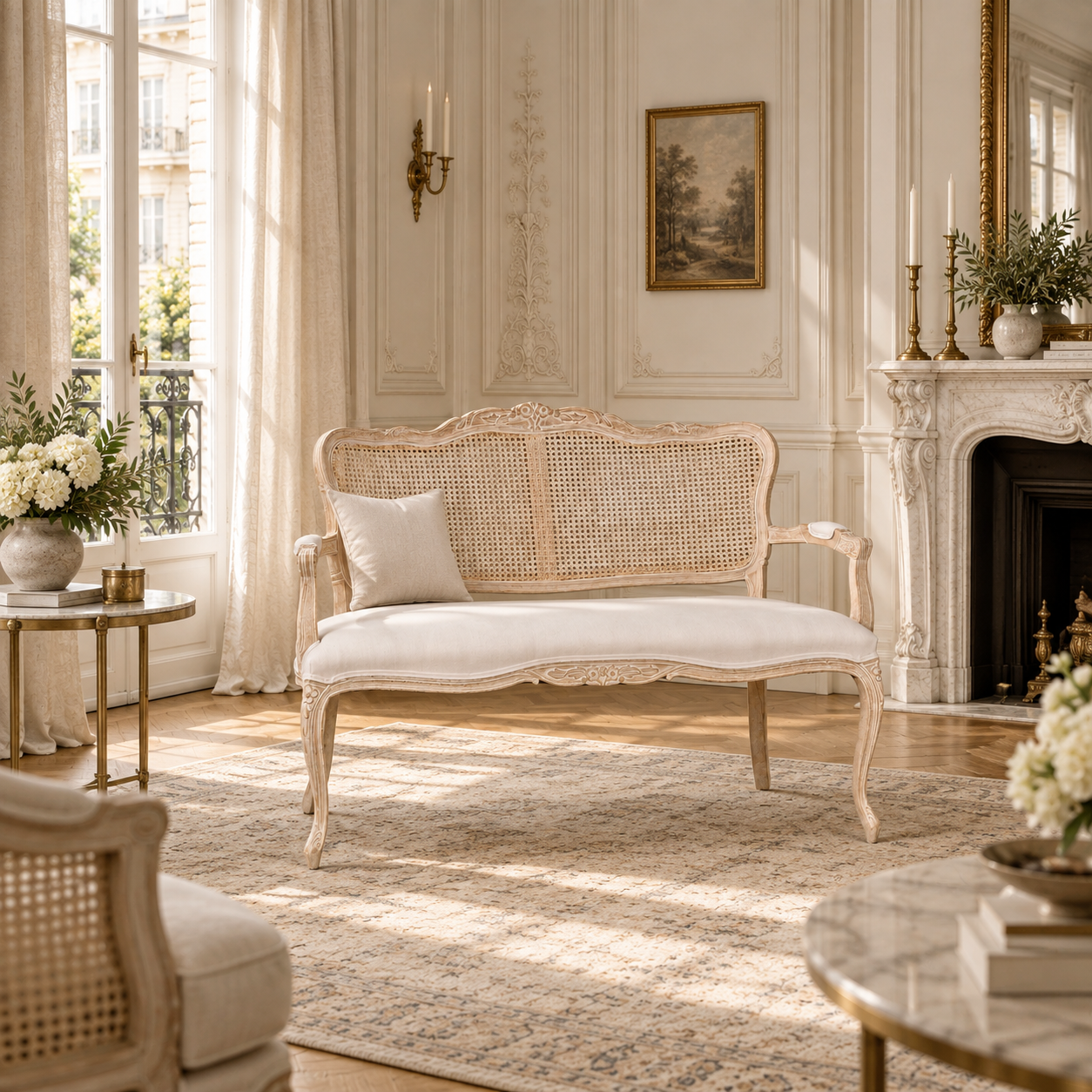 Camille Louis 2 seater settee with birch wood frame and linen upholstery in a bright Parisian room with fireplace.
