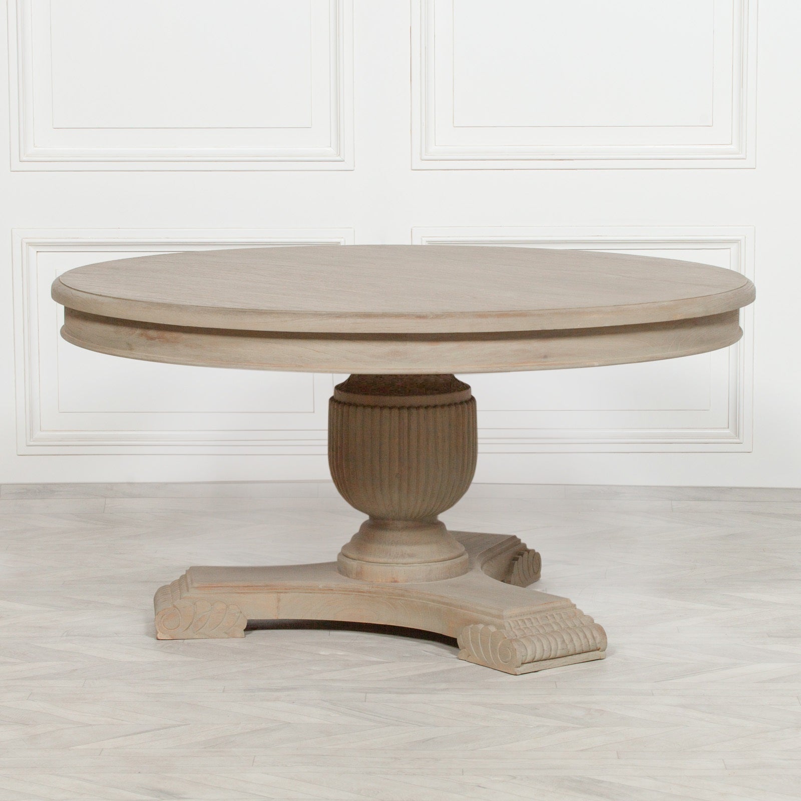 Front view of the Camille Round Pedestal Dining Table 150cm for 6 in Rustic White Cedar Wood featuring a generously sized round tabletop, solid wood construction, sculptural fluted pedestal base and elegant rustic finish ideal for family dining and entertaining.