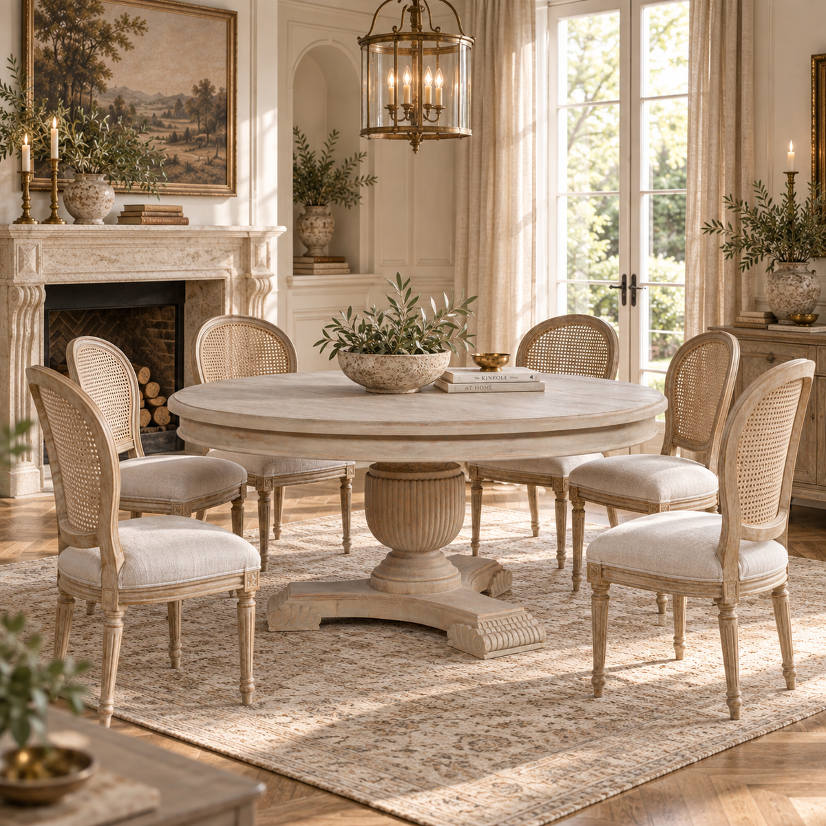 Round white cedar pedestal dining table for 6 in a sunlit dining room with cane chairs, fireplace and chandelier.