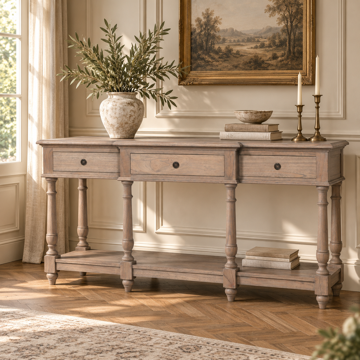 Camille rustic white cedar breakfront console table with 3 drawers in a sunlit classic room with artwork and greenery.
