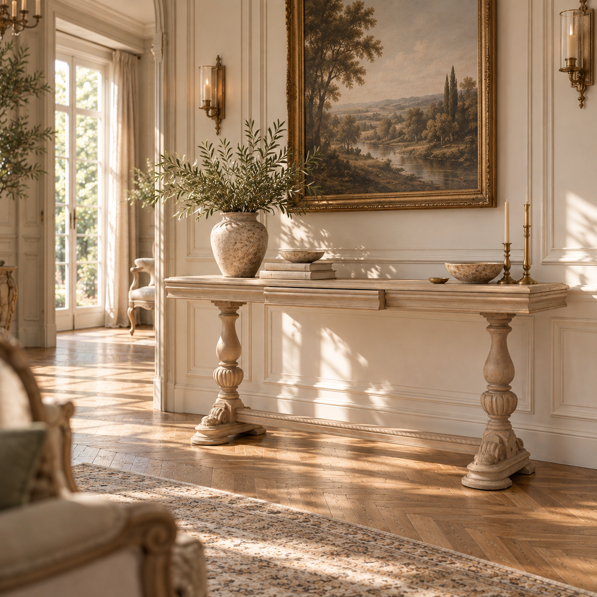 Camille rustic white cedar console table with drawer in a bright French-style room with painting, vase and candles.