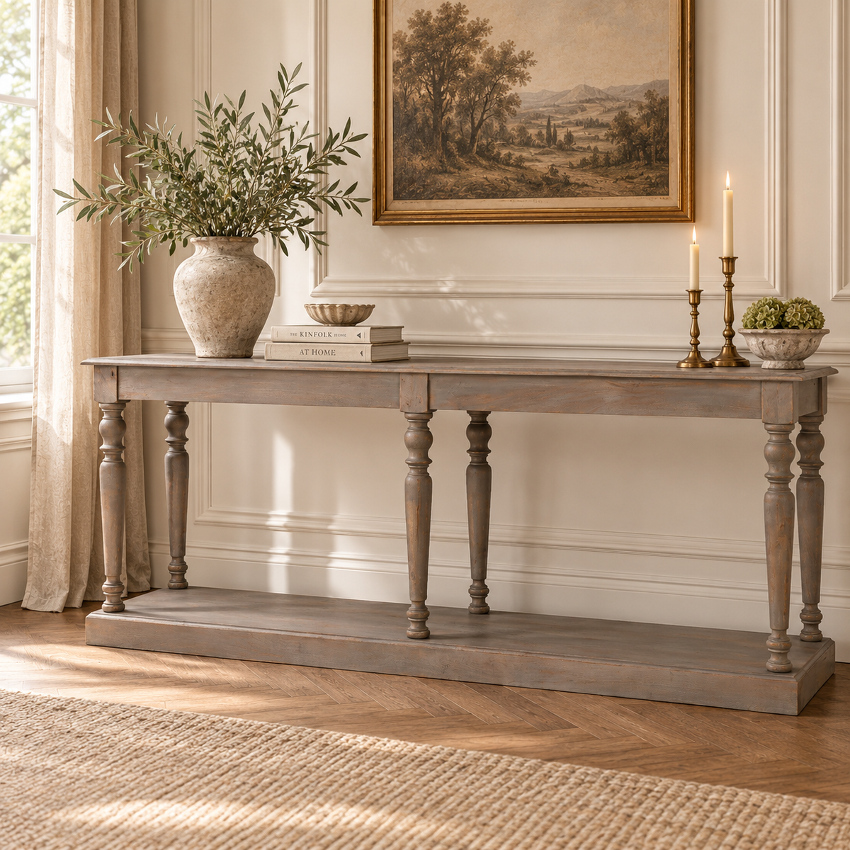 Camille rustic wooden console table with six column legs, styled with greenery in a sunlit classic living room