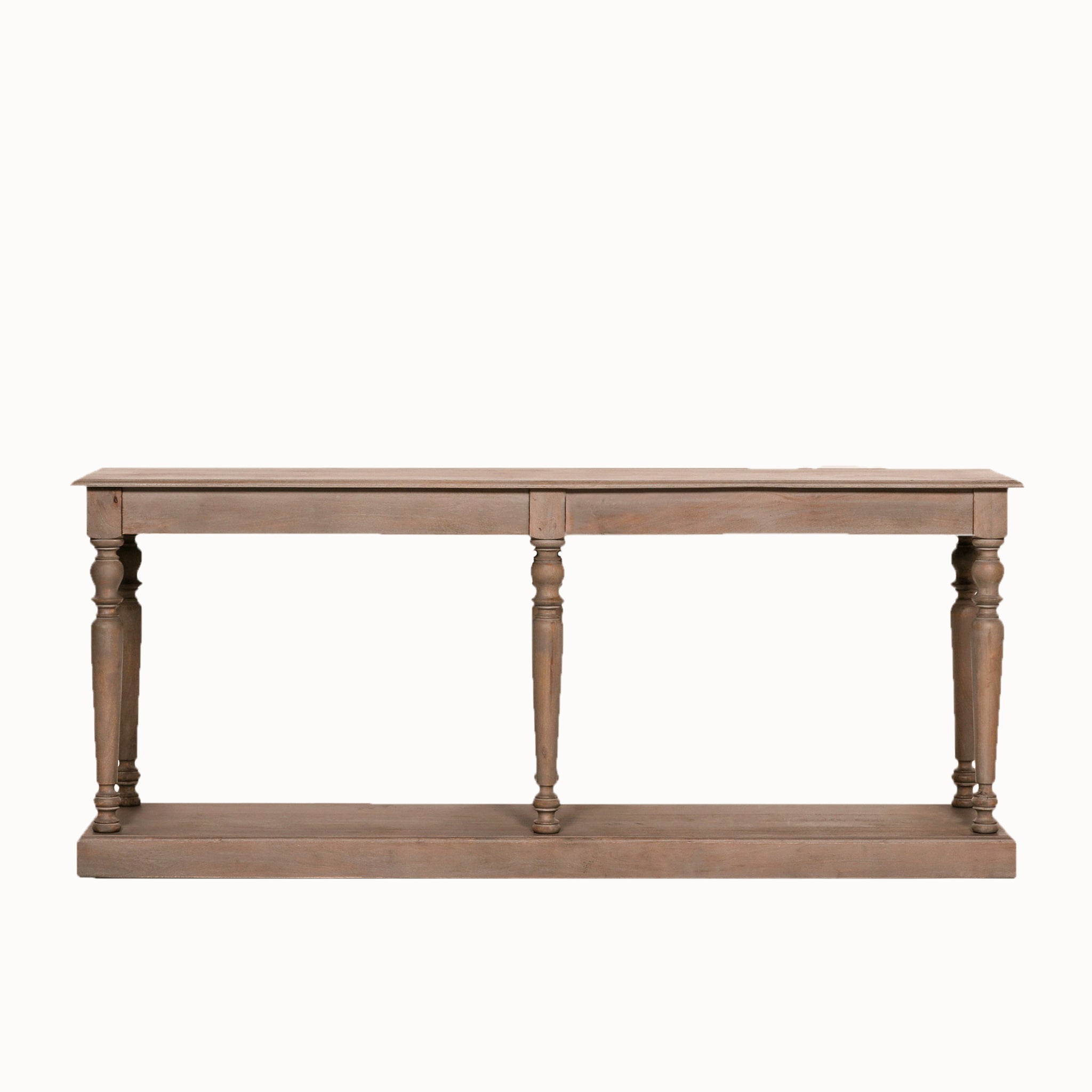 Camille rustic wooden console table with six turned column legs and a lower display shelf, featuring a weathered grey wood finish and classic farmhouse styling, isolated on a white background.