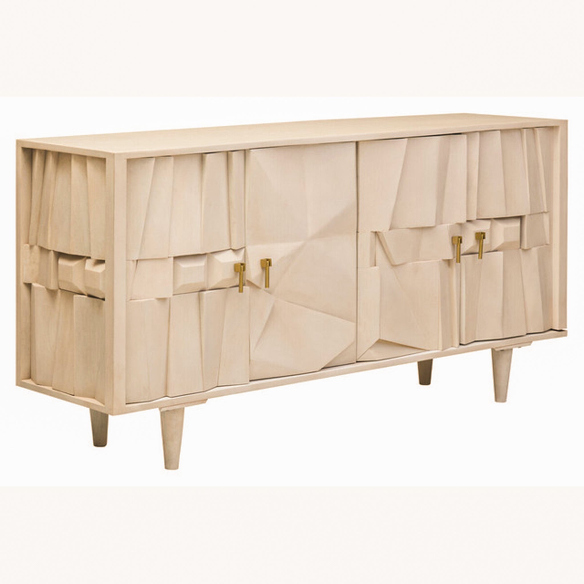 Angled view of the Camille Sideboard – Four Door Mango Wood, Whitewashed Finish showcasing sculptural geometric detailing, brass hardware and modern living room storage cabinet.