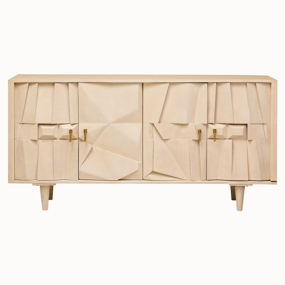 Front view of the Camille Sideboard – Four Door Mango Wood, Whitewashed Finish featuring sculptural geometric door fronts, brass handles and modern living room storage.