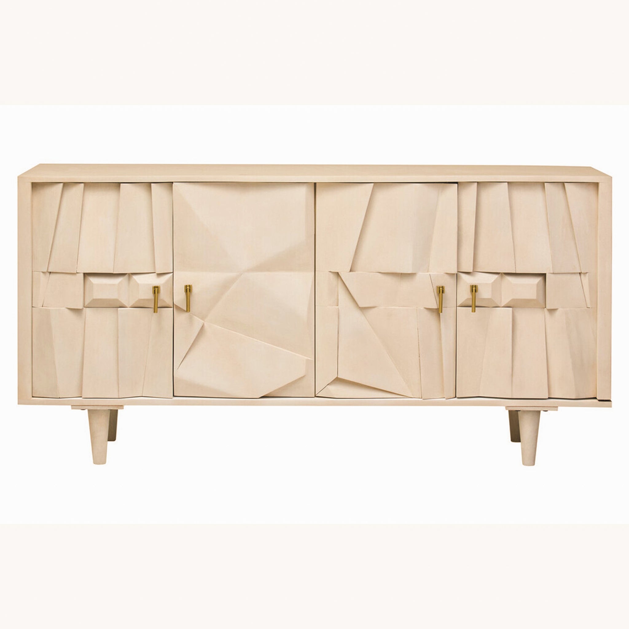 Front elevation of the Camille Sideboard – Four Door Mango Wood, Whitewashed Finish featuring handcrafted geometric panels, brass handles and contemporary storage design.
