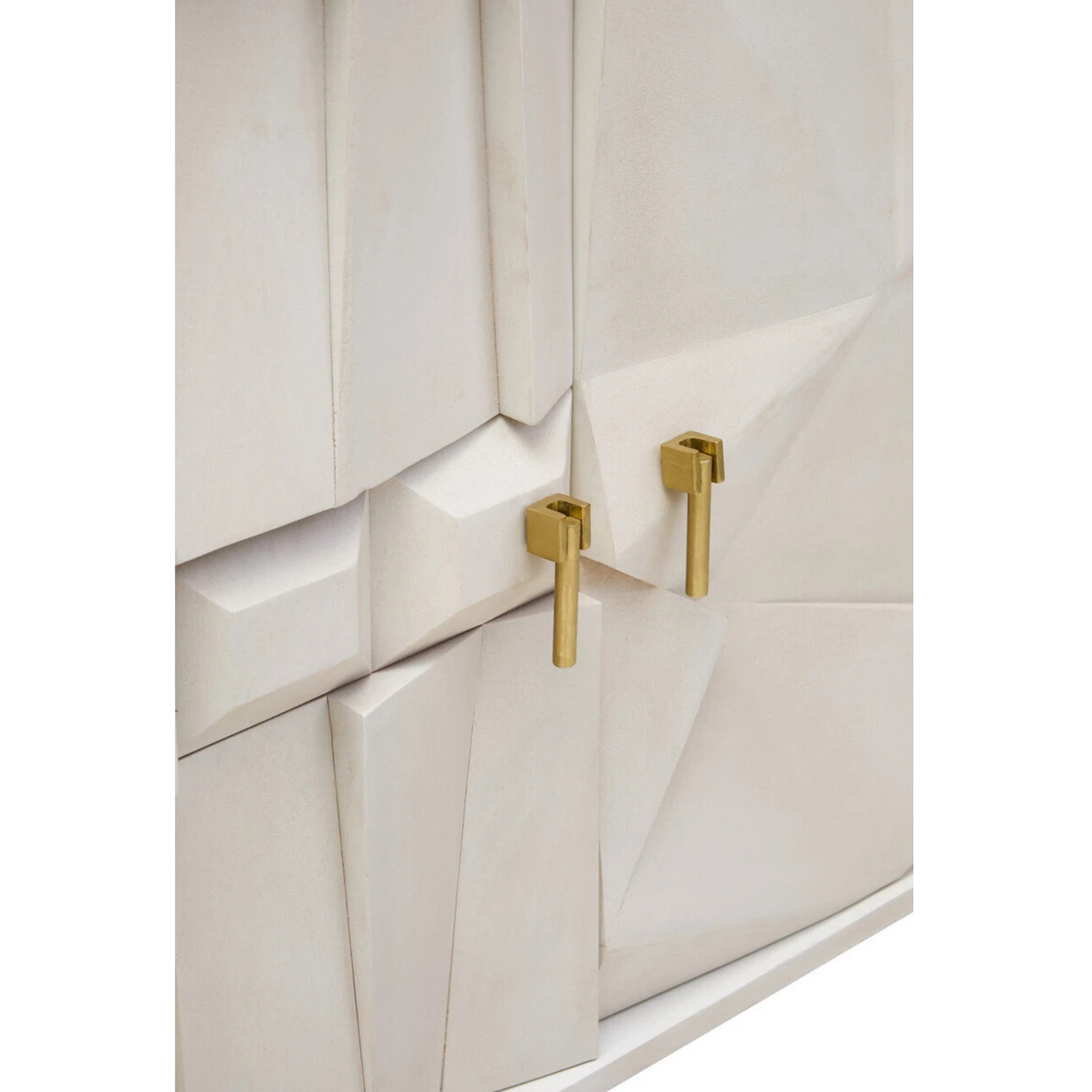 Close-up of Camille sideboard geometric whitewashed mango wood doors and brass handles on a white background
