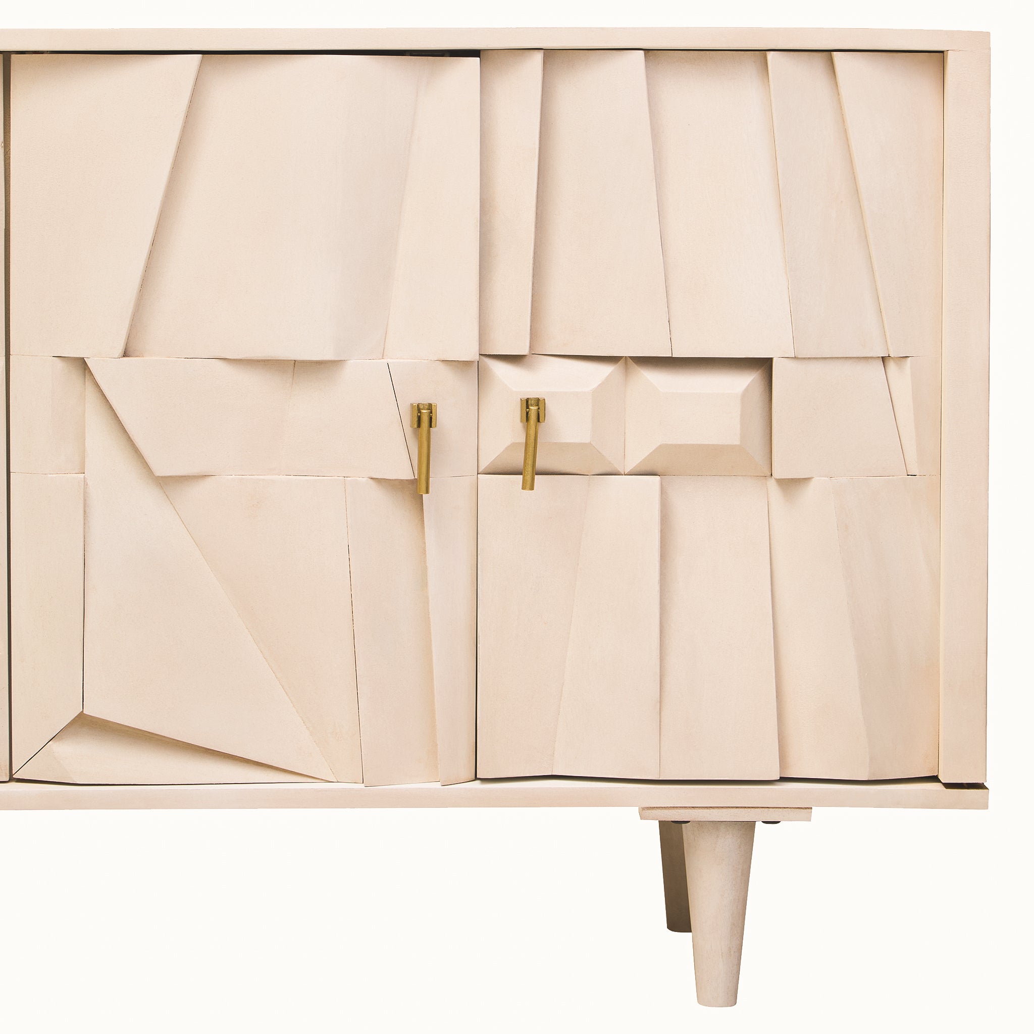 Detailed front section of the Camille Whitewashed Mango Wood Sideboard highlighting handcrafted geometric door panels, brass handles and luxury cabinet craftsmanship.