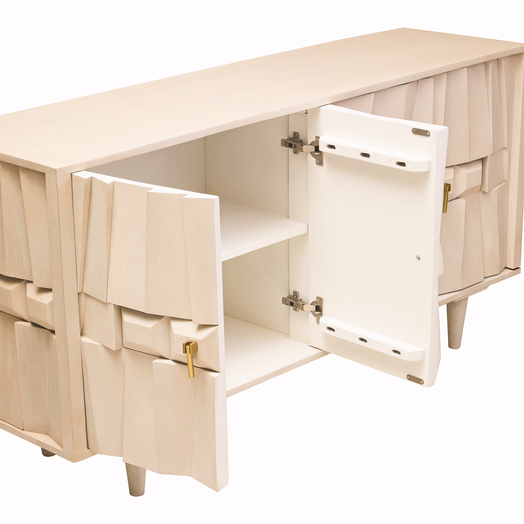Camille Sideboard with doors open revealing spacious internal shelving, handcrafted geometric mango wood exterior and whitewashed finish for stylish home storage.