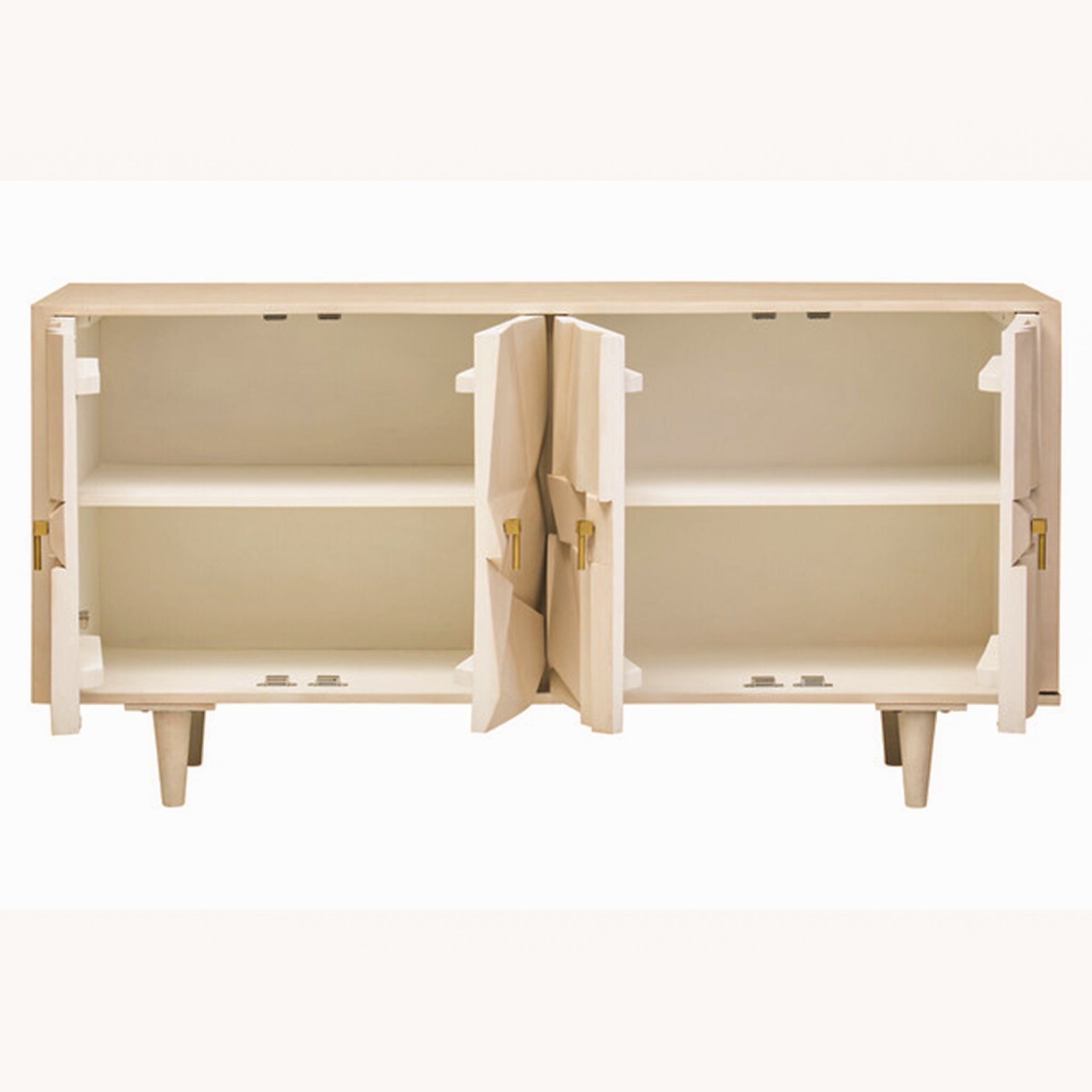 Camille Sideboard – Four Door Mango Wood, Whitewashed Finish with all four doors open showing spacious internal shelving for dining room and living room storage.