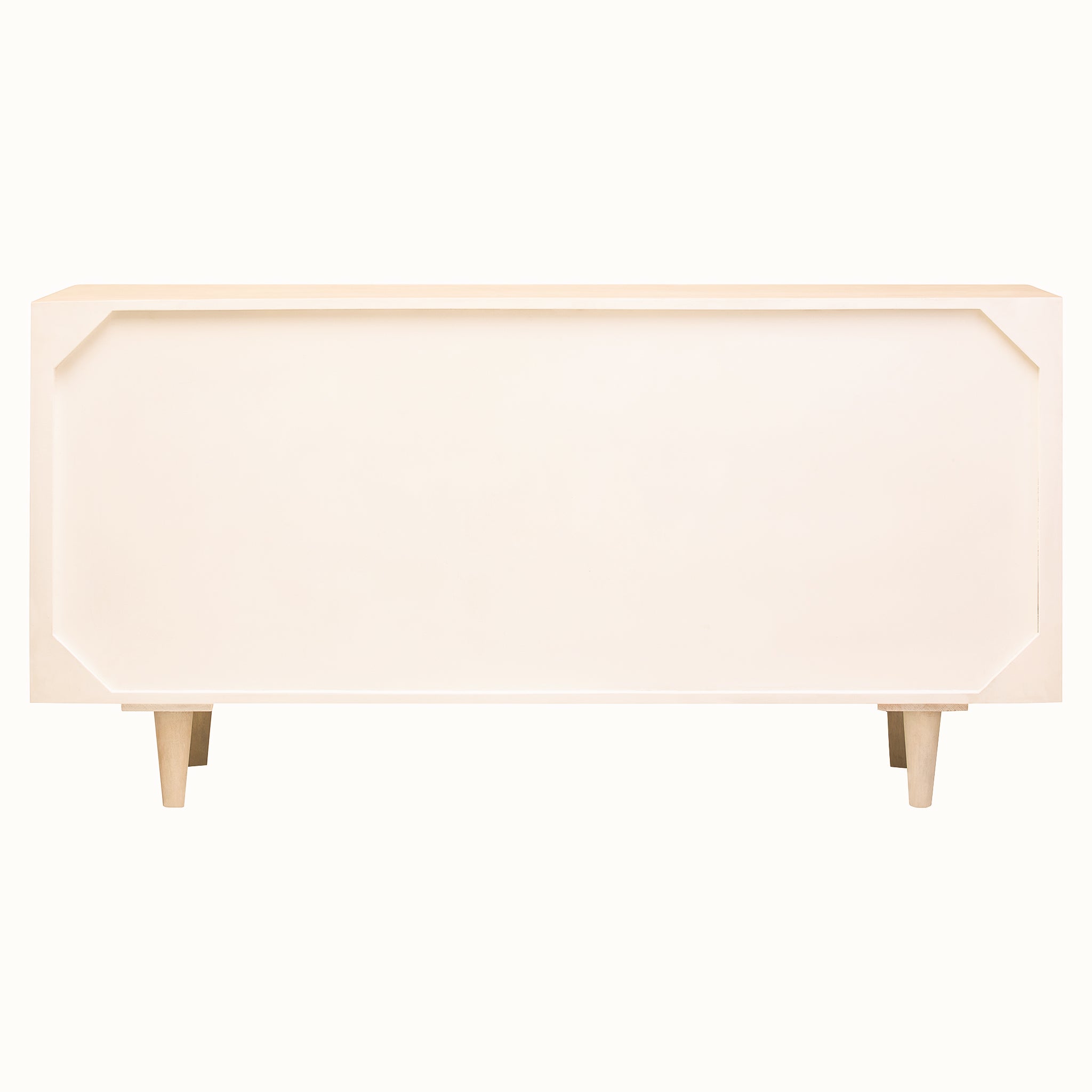 Rear view of the Camille Sideboard – Four Door Mango Wood, Whitewashed Finish showing the clean cabinet construction and tapered solid wood legs.