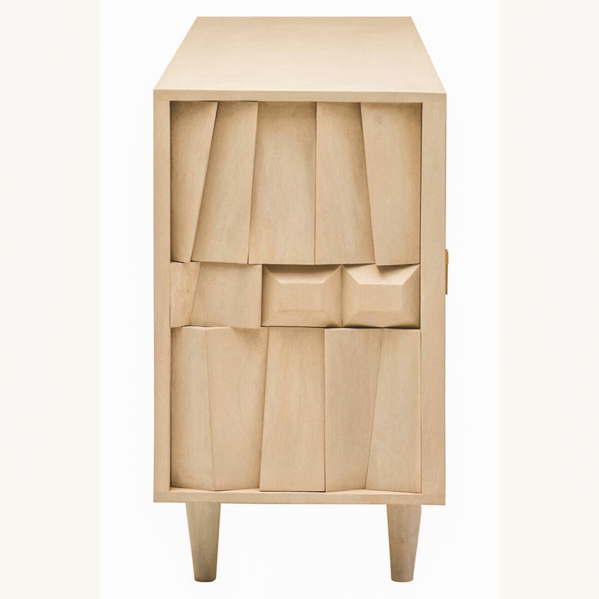 Side profile of the Camille Sideboard – Four Door Mango Wood, Whitewashed Finish highlighting handcrafted geometric side panels and solid mango wood construction.