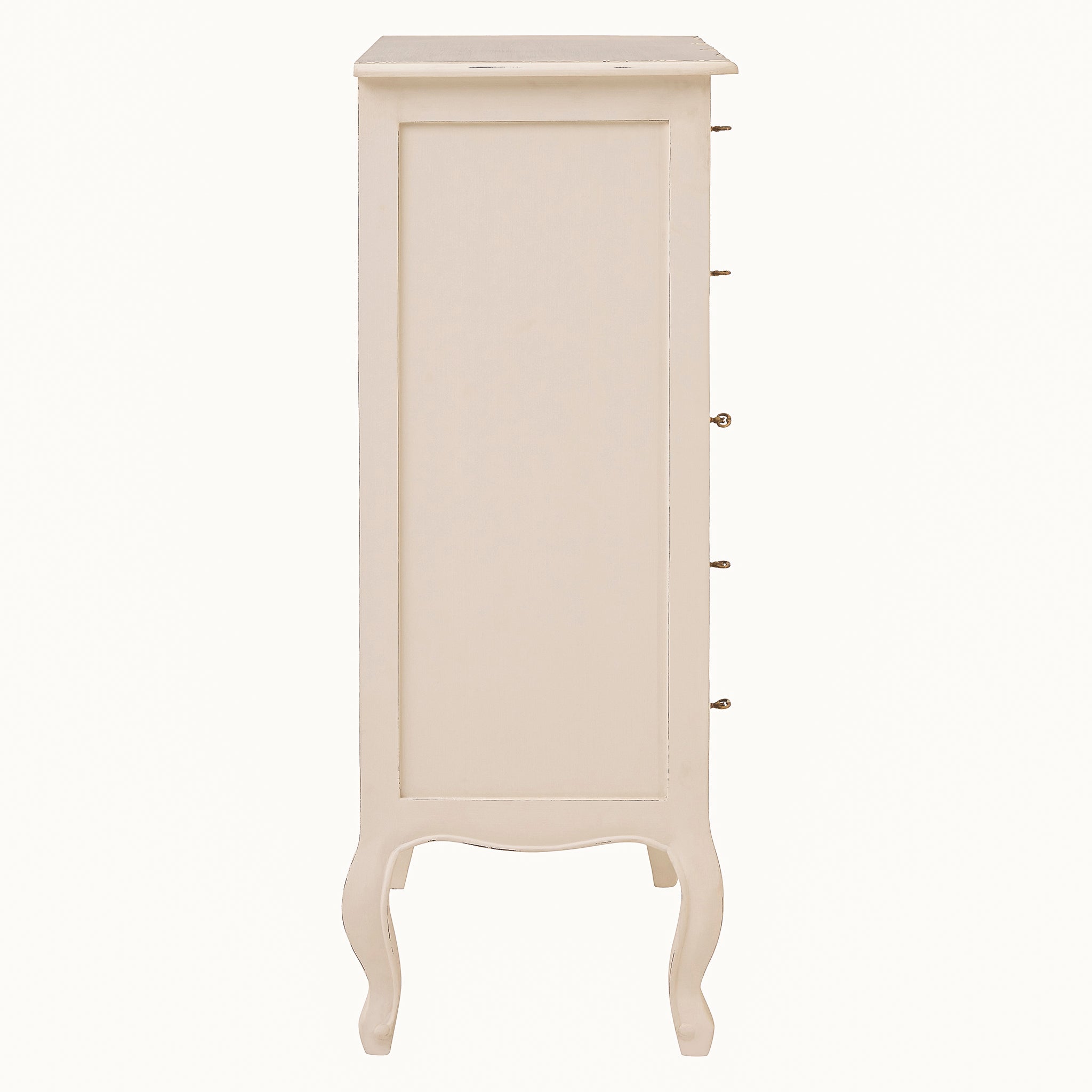 Side view of the Camille tall five drawer chest of drawers in a white finish, highlighting its slim bedroom storage profile, panelled side, shaped top and elegant curved legs.