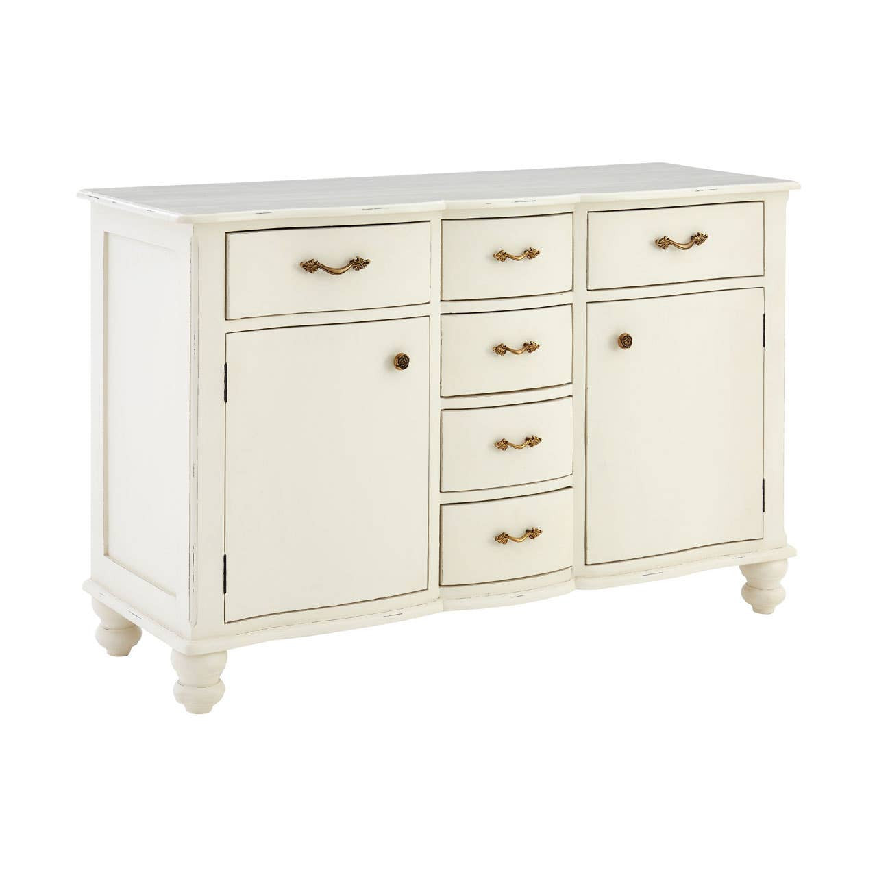 Angled view of the Camille White Baroque Six Drawer Sideboard showcasing six spacious drawers, two cupboard doors, white painted wood construction, Baroque-inspired curves and traditional storage for dining and living rooms.