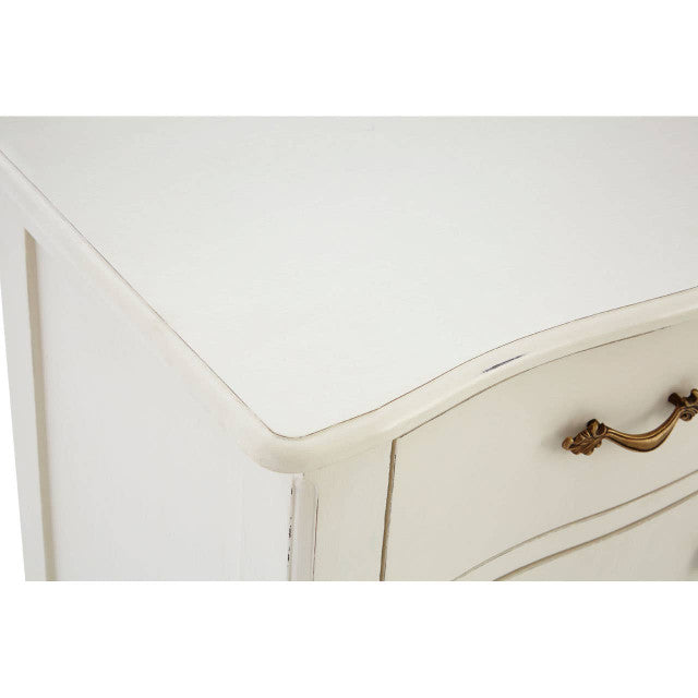 Close-up of the Camille White Baroque Six Drawer Sideboard showing the gently curved Baroque-inspired top, white painted wood finish and antique brass drawer handle detailing.