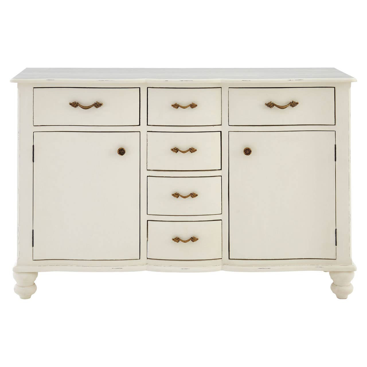 Camille White Baroque Six Drawer Sideboard shown from the front, featuring six drawers, two cupboard doors, elegant white painted finish, antique brass handles and classic French-inspired storage cabinet styling.