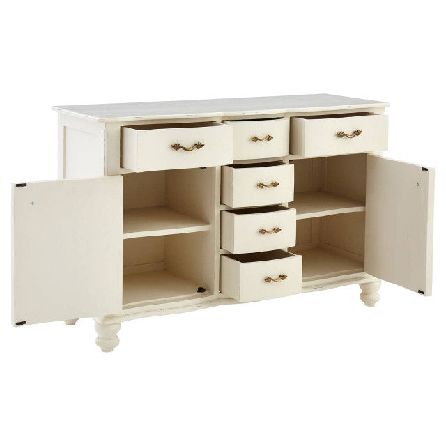 Camille White Baroque Six Drawer Sideboard with cupboard doors and drawers open, revealing generous internal shelving, six drawer storage and practical organisation for dining room or living room essentials.