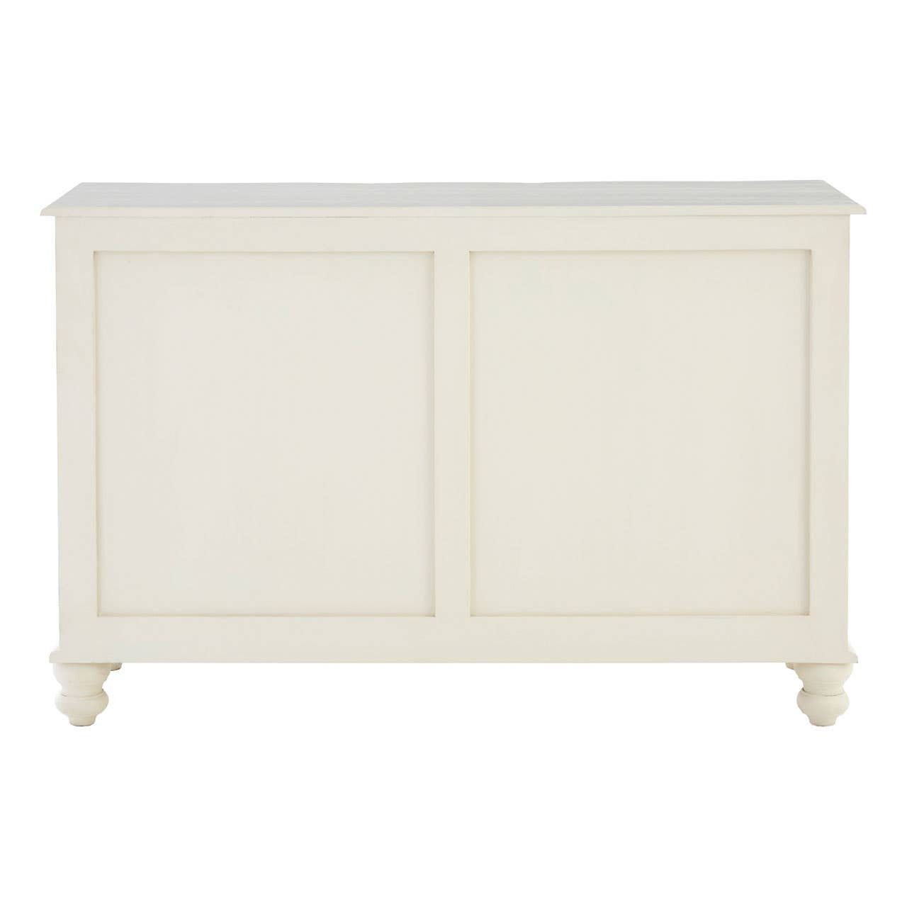 Rear view of the Camille White Baroque Six Drawer Sideboard showing the solid panel back construction, durable craftsmanship and freestanding cabinet design.