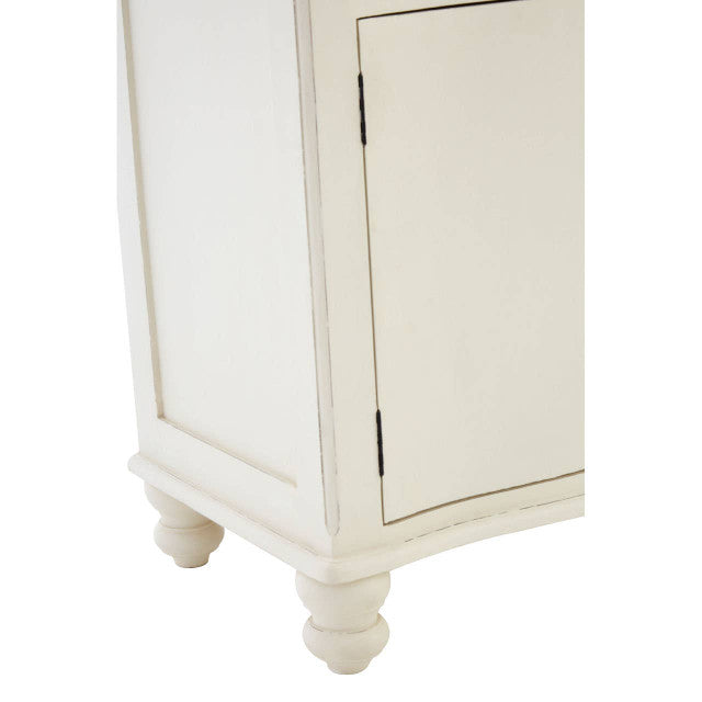 Close-up of the Camille White Baroque Six Drawer Sideboard highlighting the side panel, white painted finish, turned wooden feet and handcrafted cabinet construction.