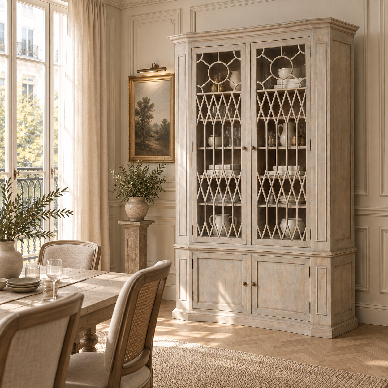 Camille white cedar display cabinet with decorative glass doors beside a dining table in a sunlit room.