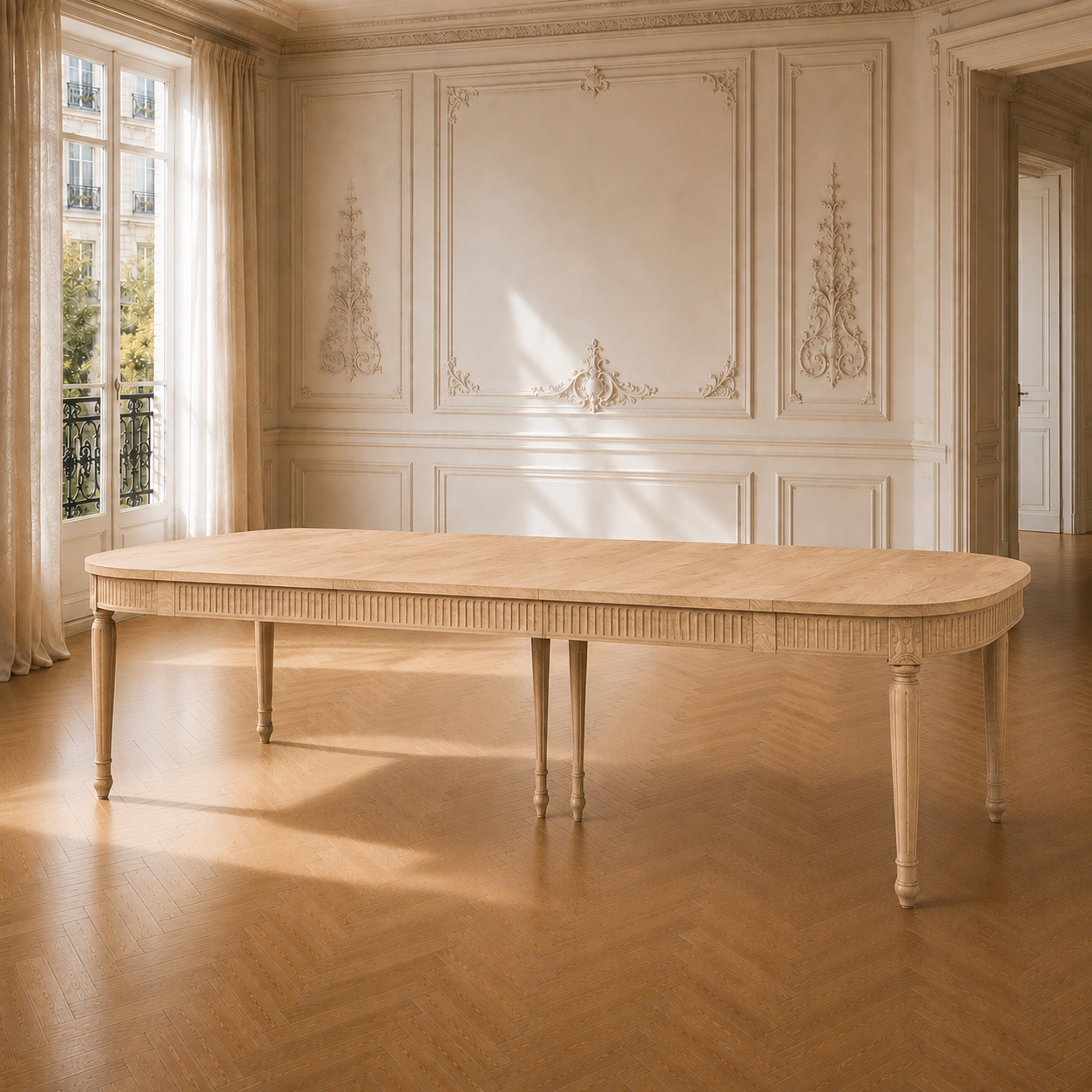 Camille white cedar extendable dining table fully extended in a cream panelled Parisian dining room