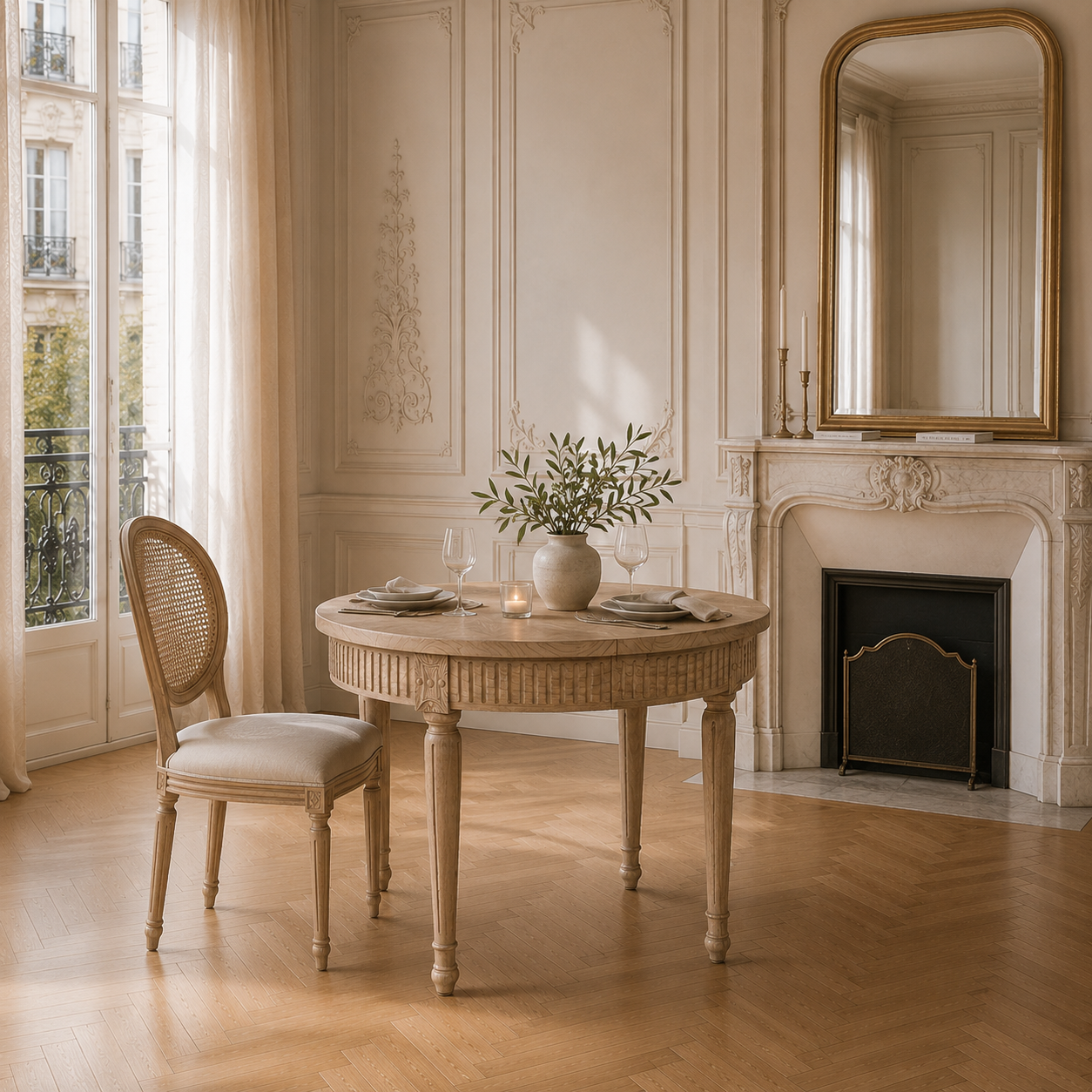 Camille white cedar round dining table closed at 100cm with cane chair in a Parisian room with fireplace