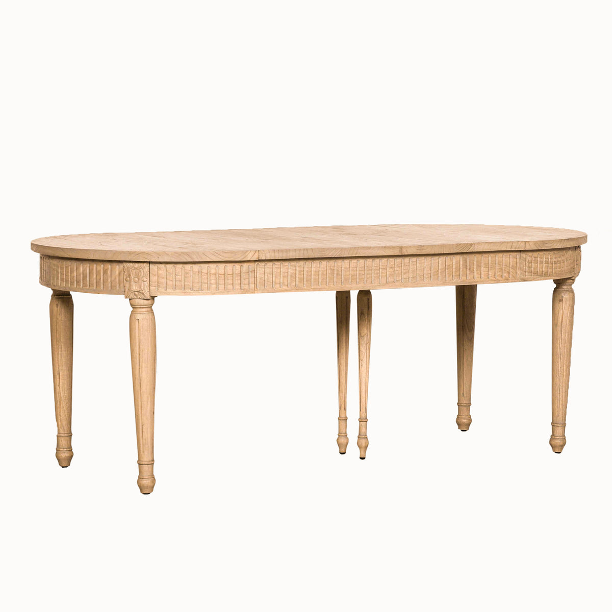 Camille White Cedar Wood Extendable Dining Table fully extended to 200cm in a rustic finish on a white background, highlighting the oval extension design, solid white cedar wood construction and seating for up to 8 people. with 6 decorative legs