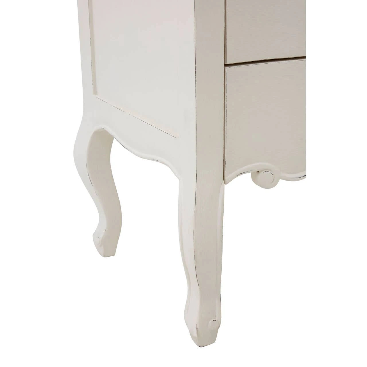 Close-up of Camille chest of drawers showing white painted cabriole legs and lower curved apron on white.
