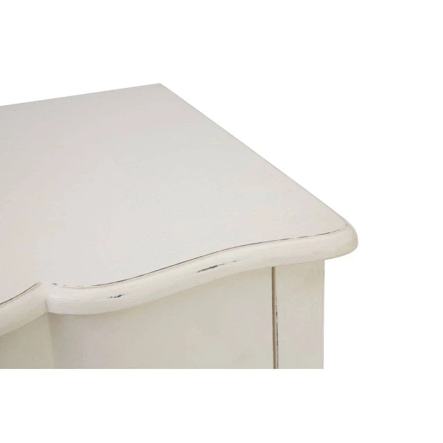 Close-up of Camille white chest top showing softly curved edge and distressed finish on a plain white background.