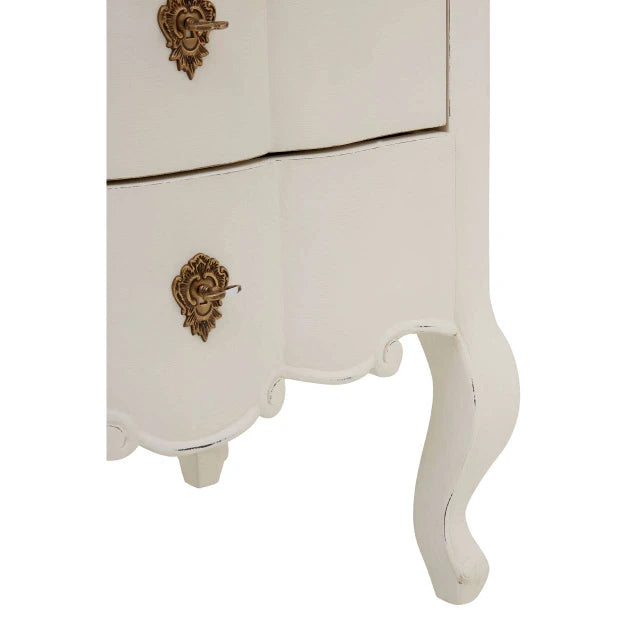 Close-up of Camille white chest showing ornate gold drawer handle, curved apron and cabriole leg on white.