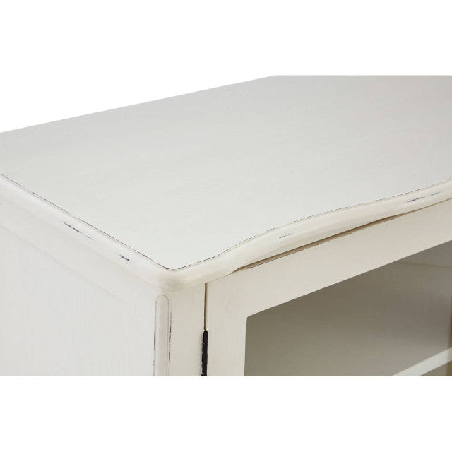 Close-up of the Camille White Display Cabinet highlighting the carved top edge, painted wood finish, handcrafted corner joinery and premium French country craftsmanship.