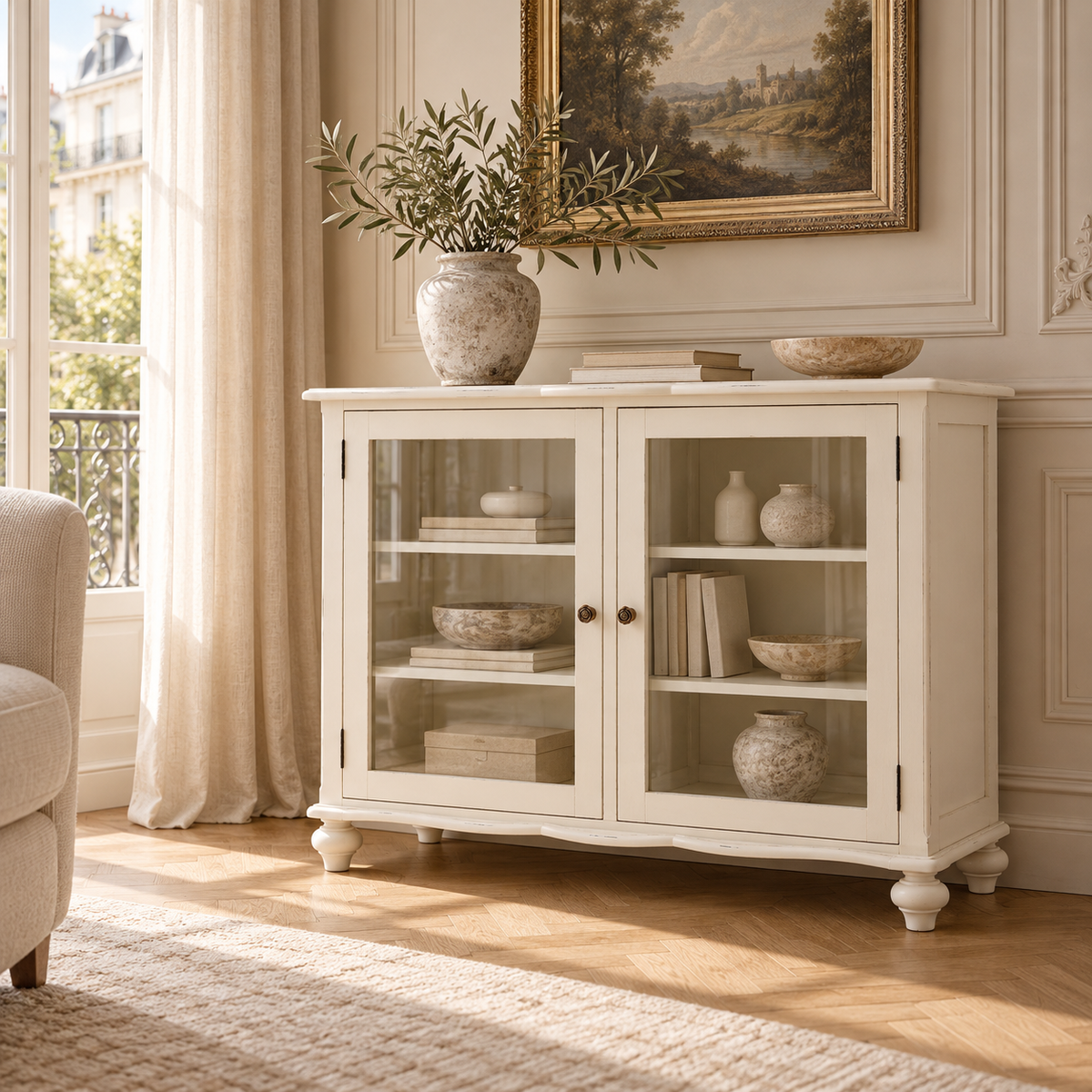 Camille white display cabinet with glass doors and carved detailing in a sunlit neutral living room with framed art.