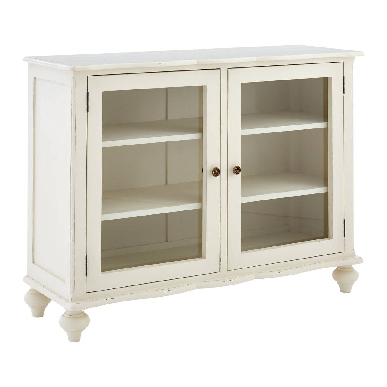 Angled front view of the Camille White Display Cabinet with glass doors, showcasing the painted white finish, carved detailing, glazed cabinet doors, generous display shelving and classic French-inspired craftsmanship.