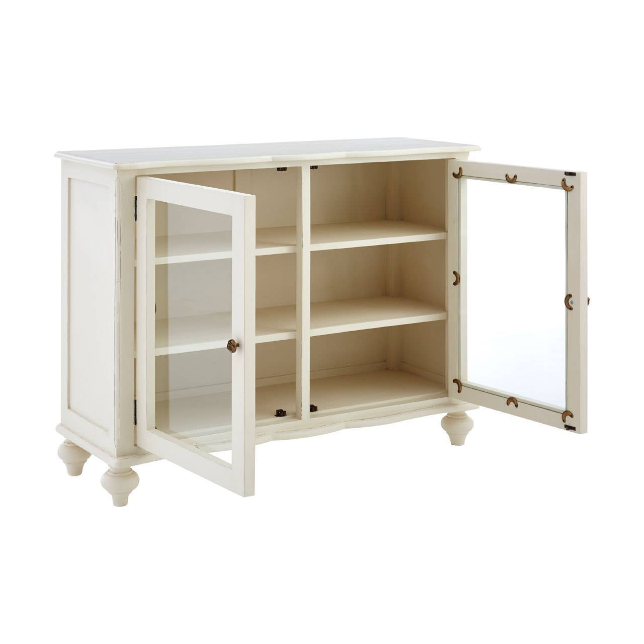 Camille White Display Cabinet with both glass doors open, revealing spacious internal shelving, practical storage compartments and versatile display space for crockery, glassware, books and decorative accessories.