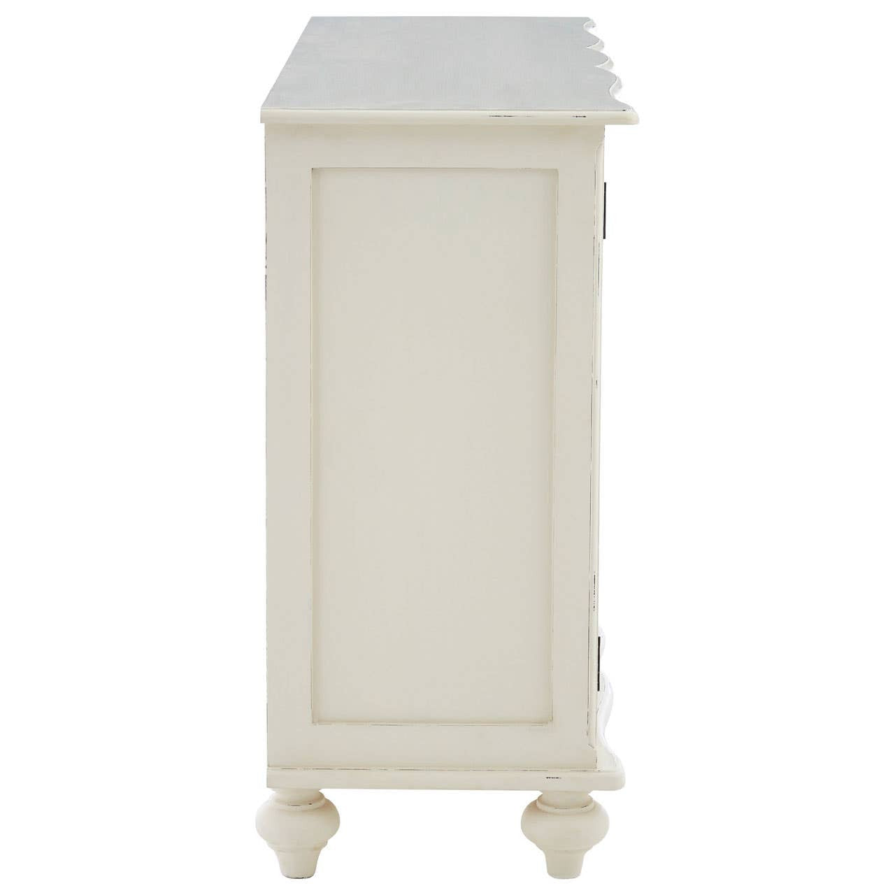 Side profile of the Camille White Display Cabinet highlighting the handcrafted painted wood construction, elegant panel detailing, carved top edge and sturdy turned feet in a classic French country design.