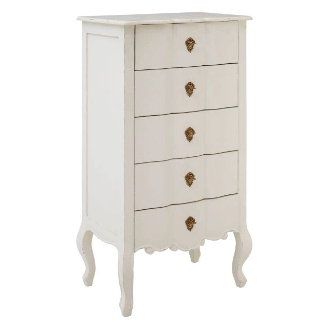 Camille white five-drawer chest with curved cabriole legs and antique gold handles on a plain white background.