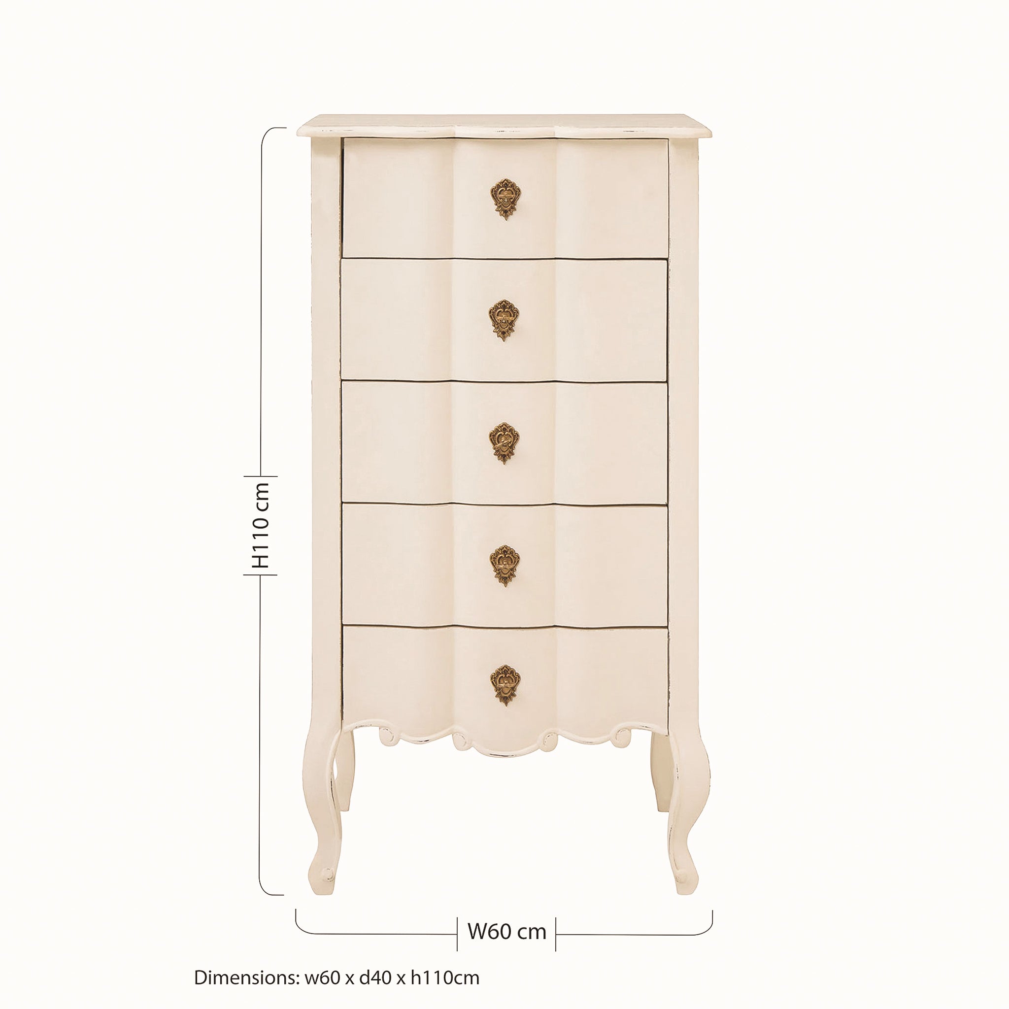 Camille white five drawer chest of drawers dimension view, measuring 110cm high and 60cm wide, with ornate antique brass handles, shaped drawer fronts and elegant curved legs.